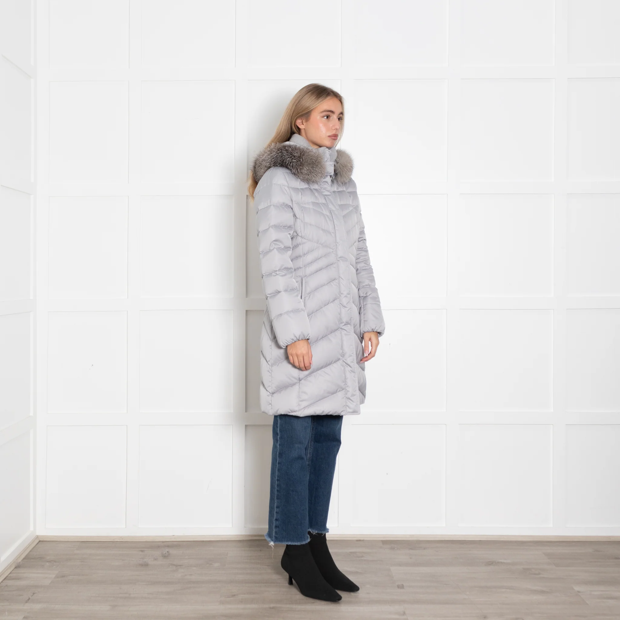 Laurel Grey Nylon Puffer Jaclkey with Fur Trim Hood - Image 7
