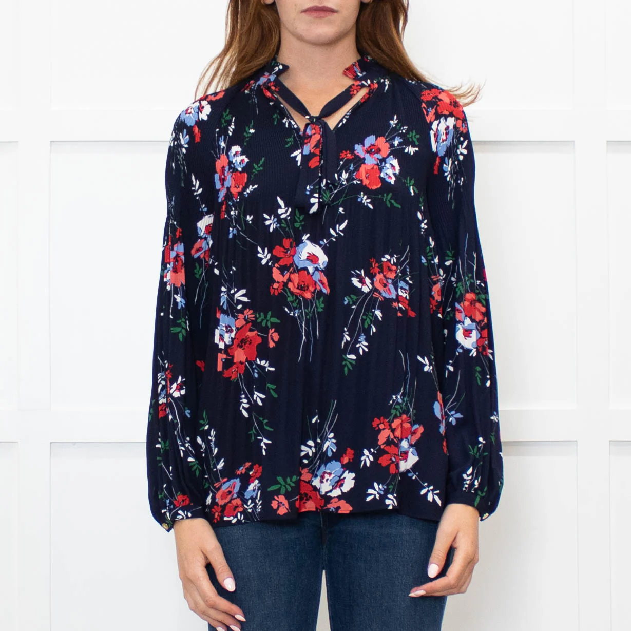 Lauren By Ralph Lauren Blue Top With Multi Colour Flowers And Pleat Front - Image 2