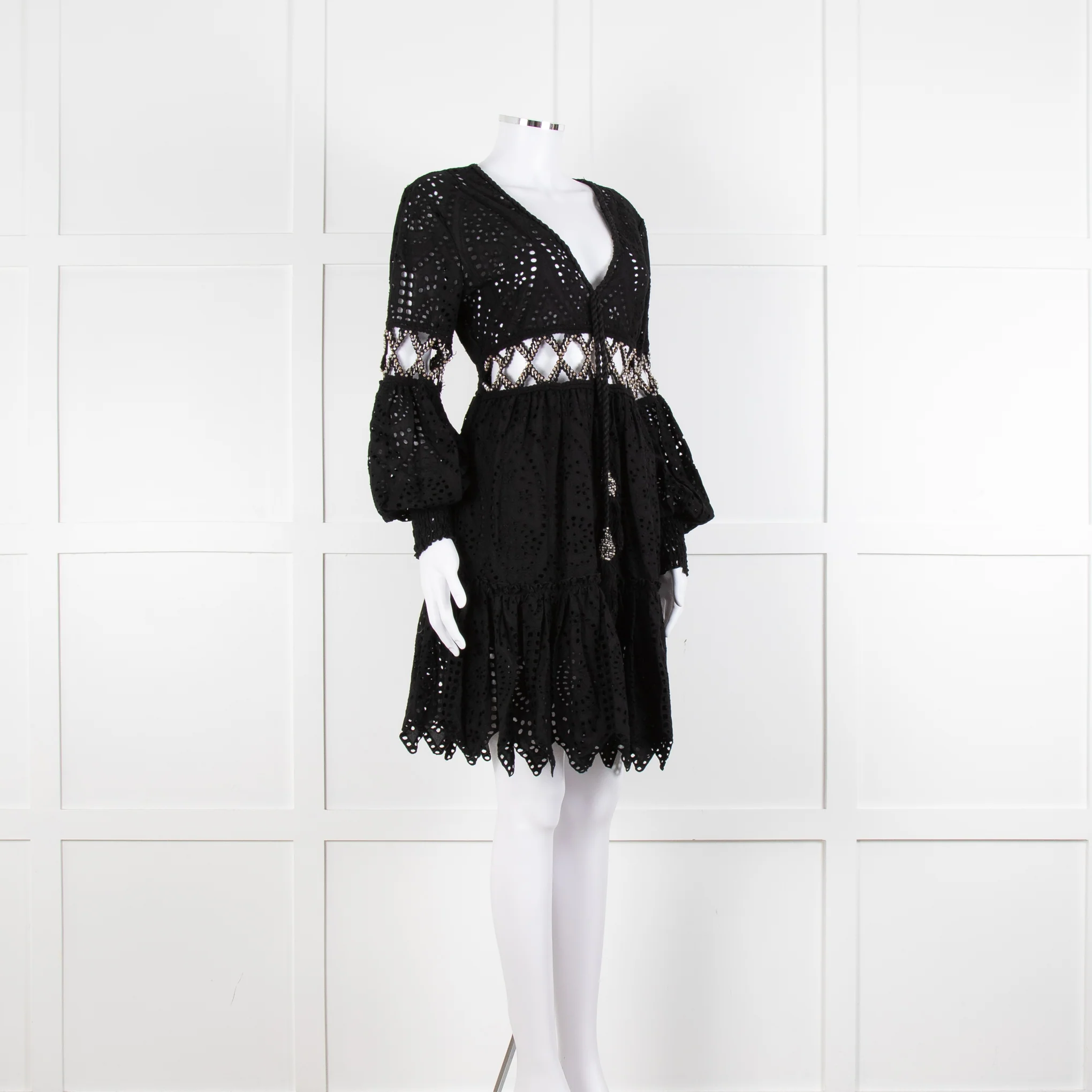 Laurie & Joe Black Broderie Mini Dress with Embellished Waist - Image 2
