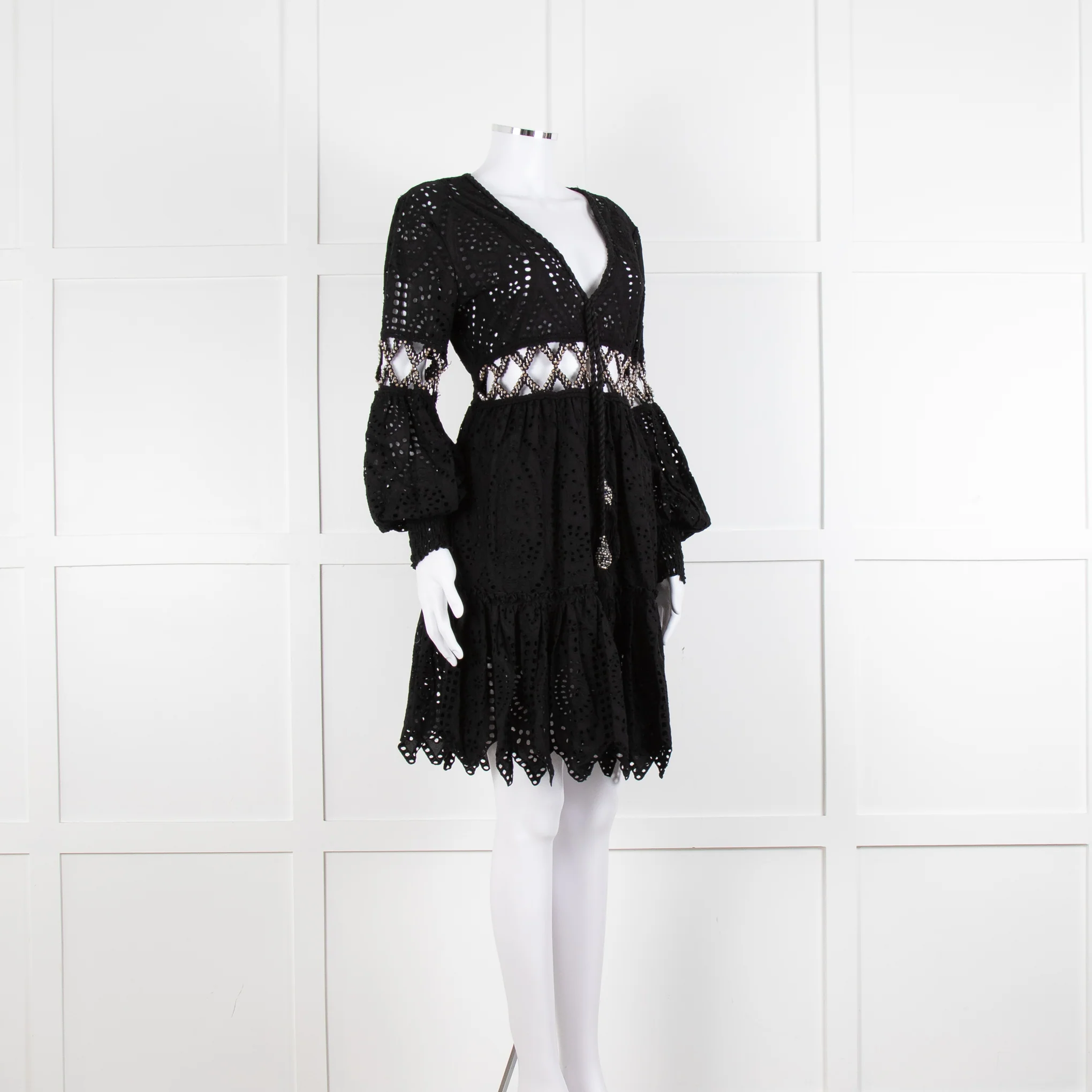 Laurie & Joe Black Broderie Mini Dress with Embellished Waist - Image 3