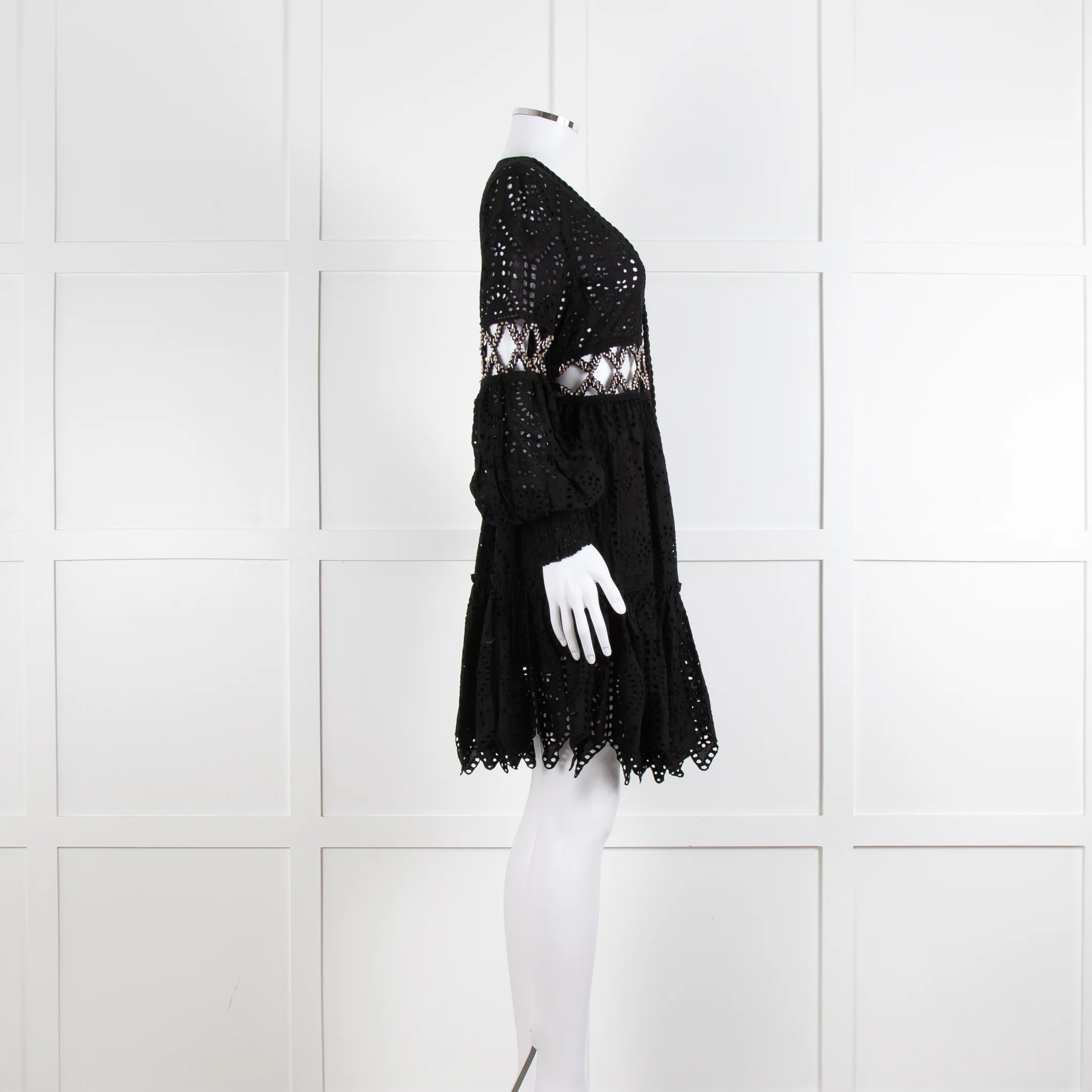 Laurie & Joe Black Broderie Mini Dress with Embellished Waist - Image 4
