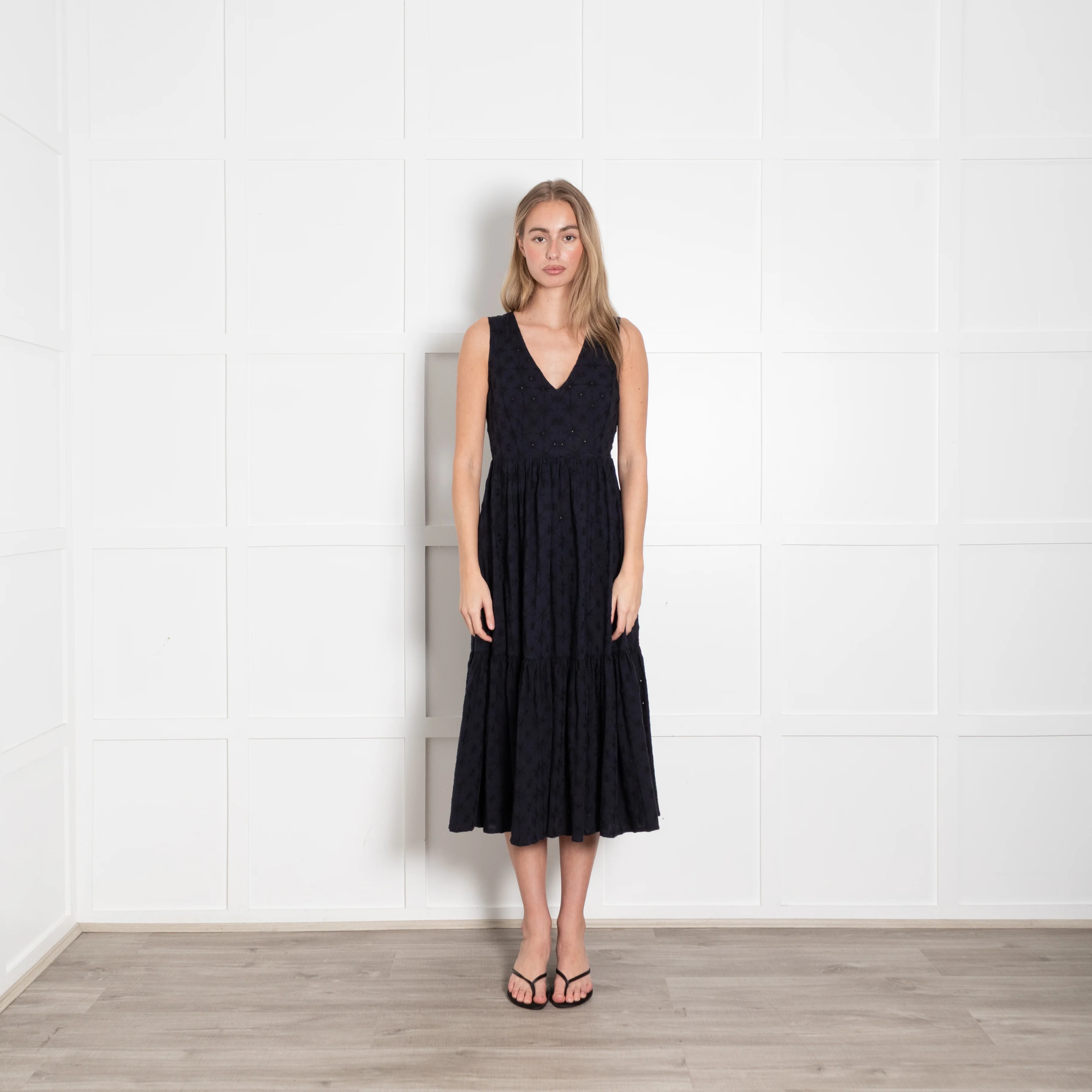 Le Sirenuse Navy Cotton Embroidered Sleeveless Midi Dress