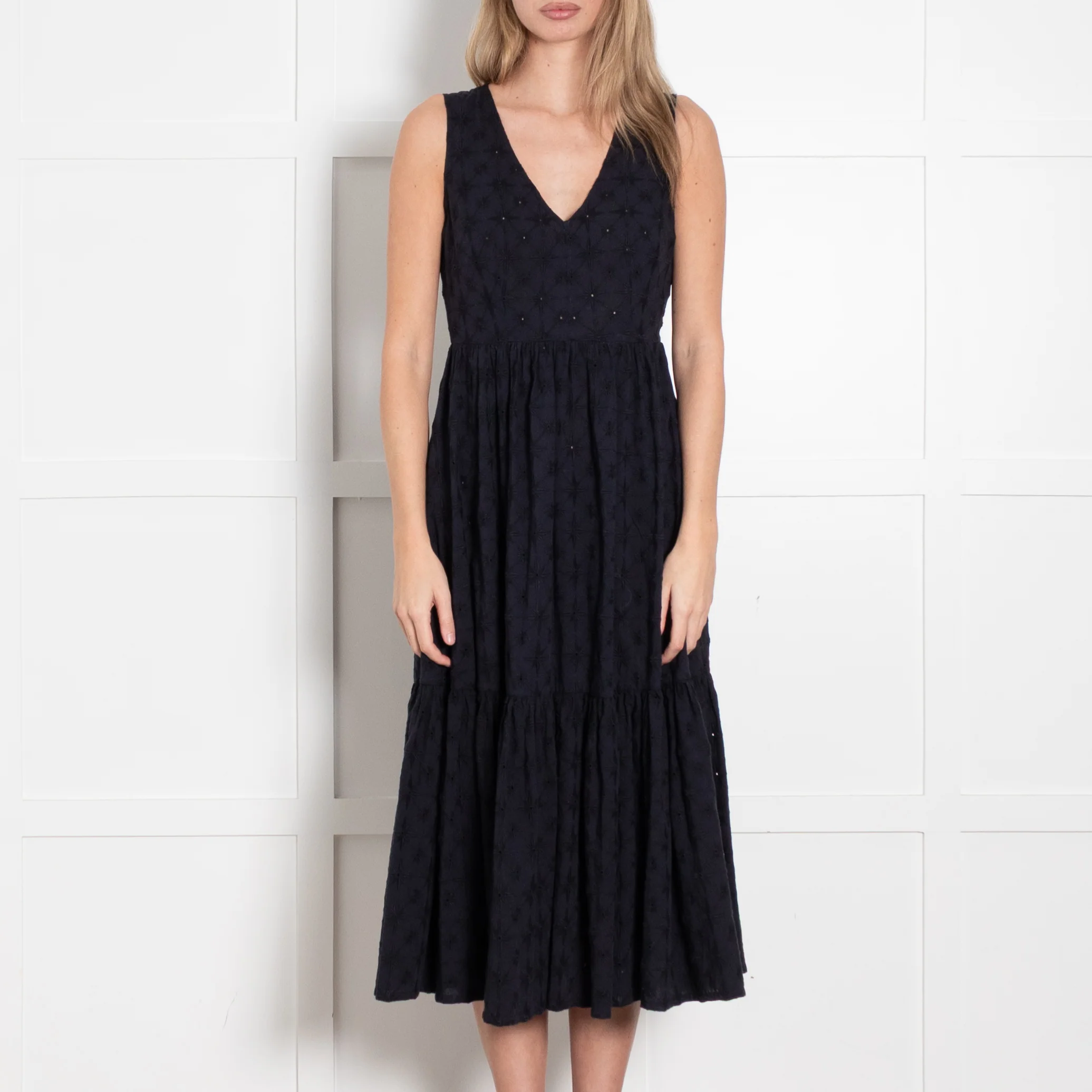 Le Sirenuse Navy Cotton Embroidered Sleeveless Midi Dress - Image 2