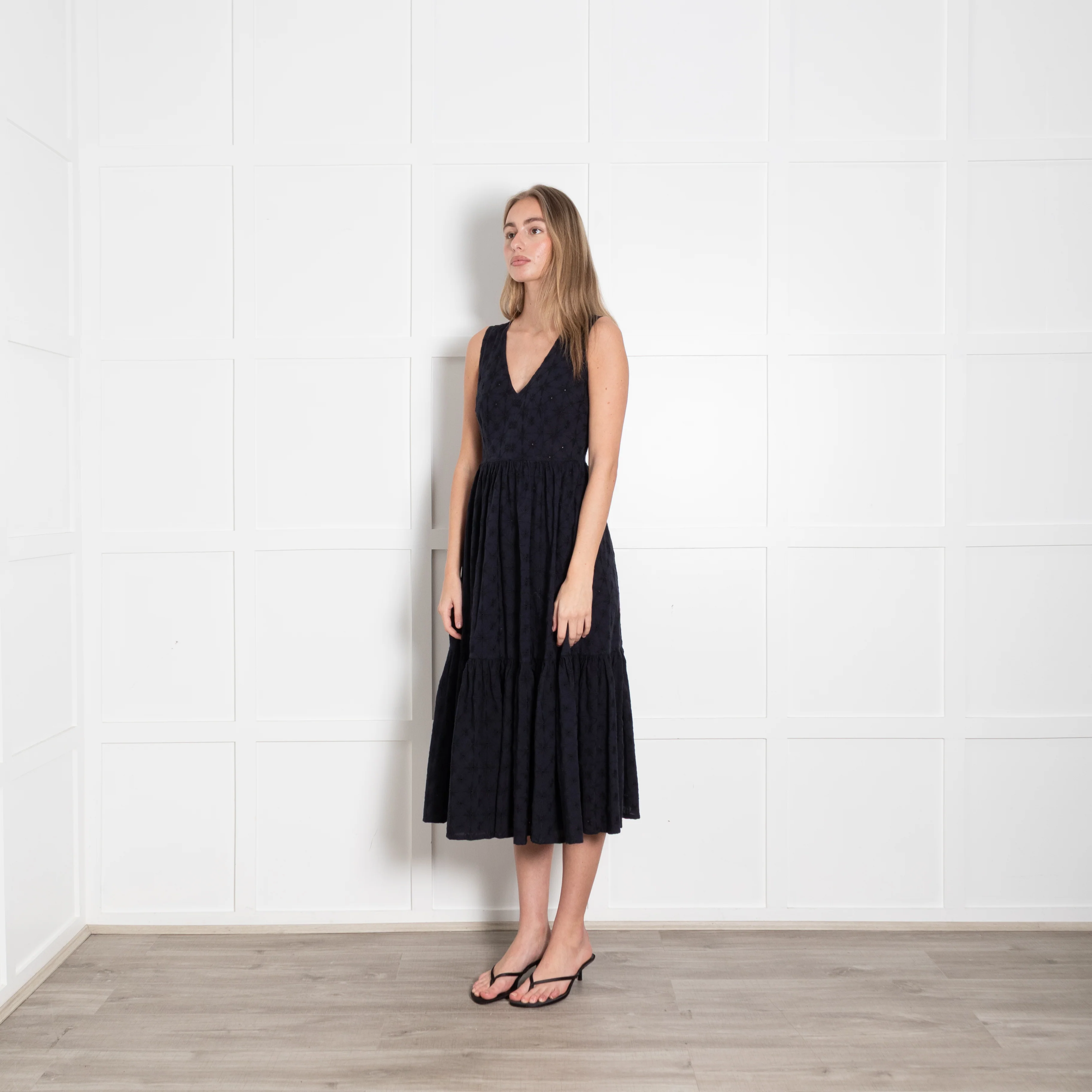Le Sirenuse Navy Cotton Embroidered Sleeveless Midi Dress - Image 3