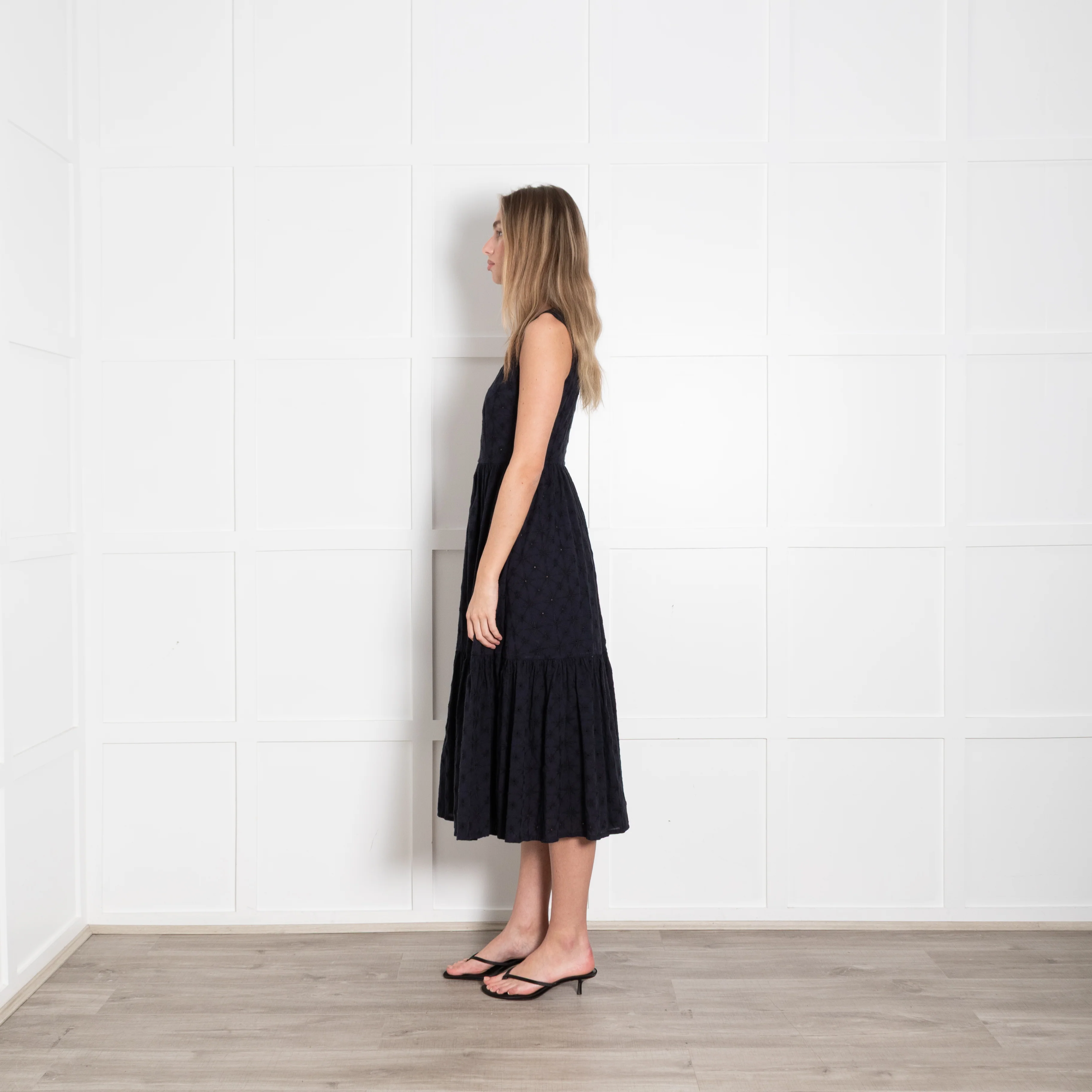 Le Sirenuse Navy Cotton Embroidered Sleeveless Midi Dress - Image 4