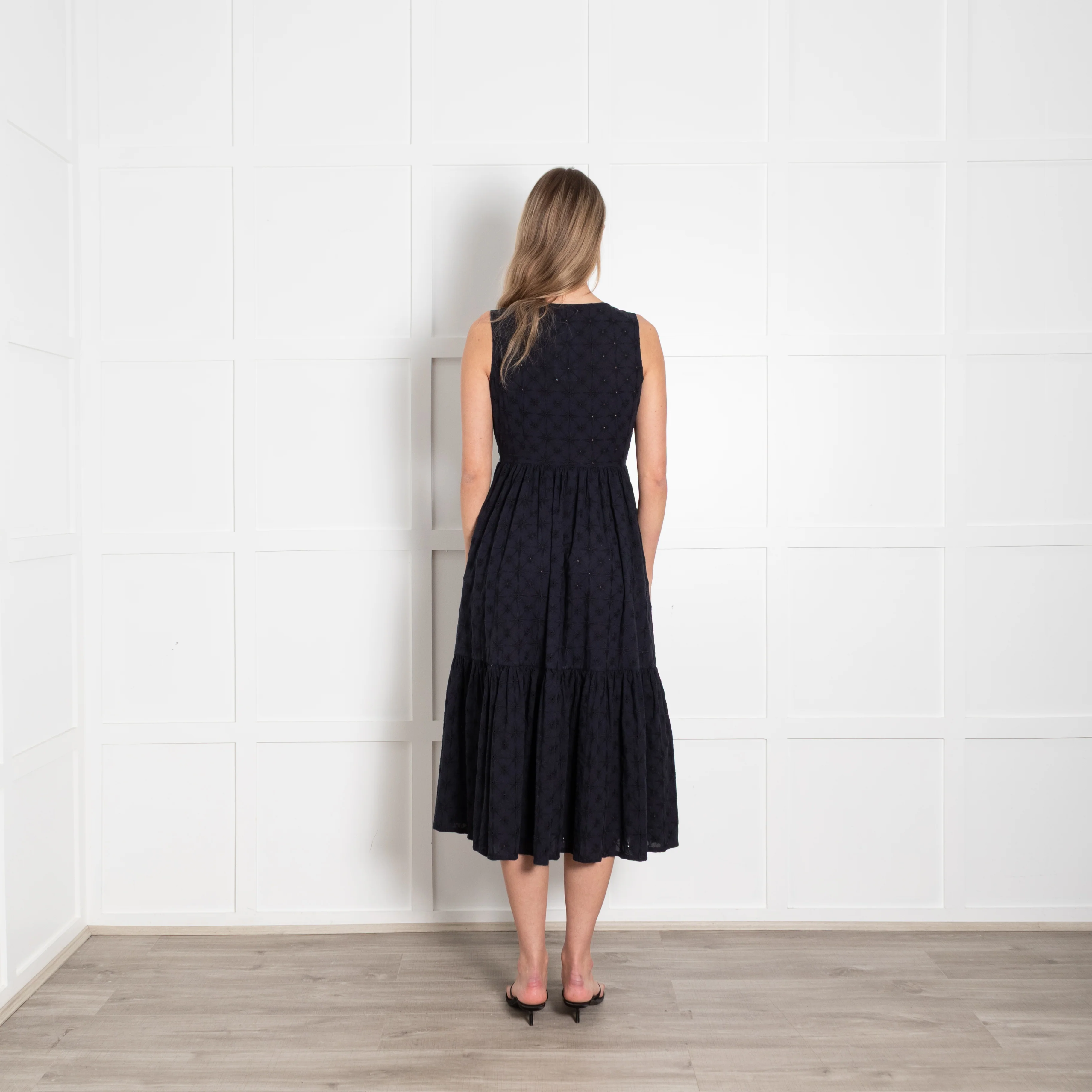 Le Sirenuse Navy Cotton Embroidered Sleeveless Midi Dress - Image 5