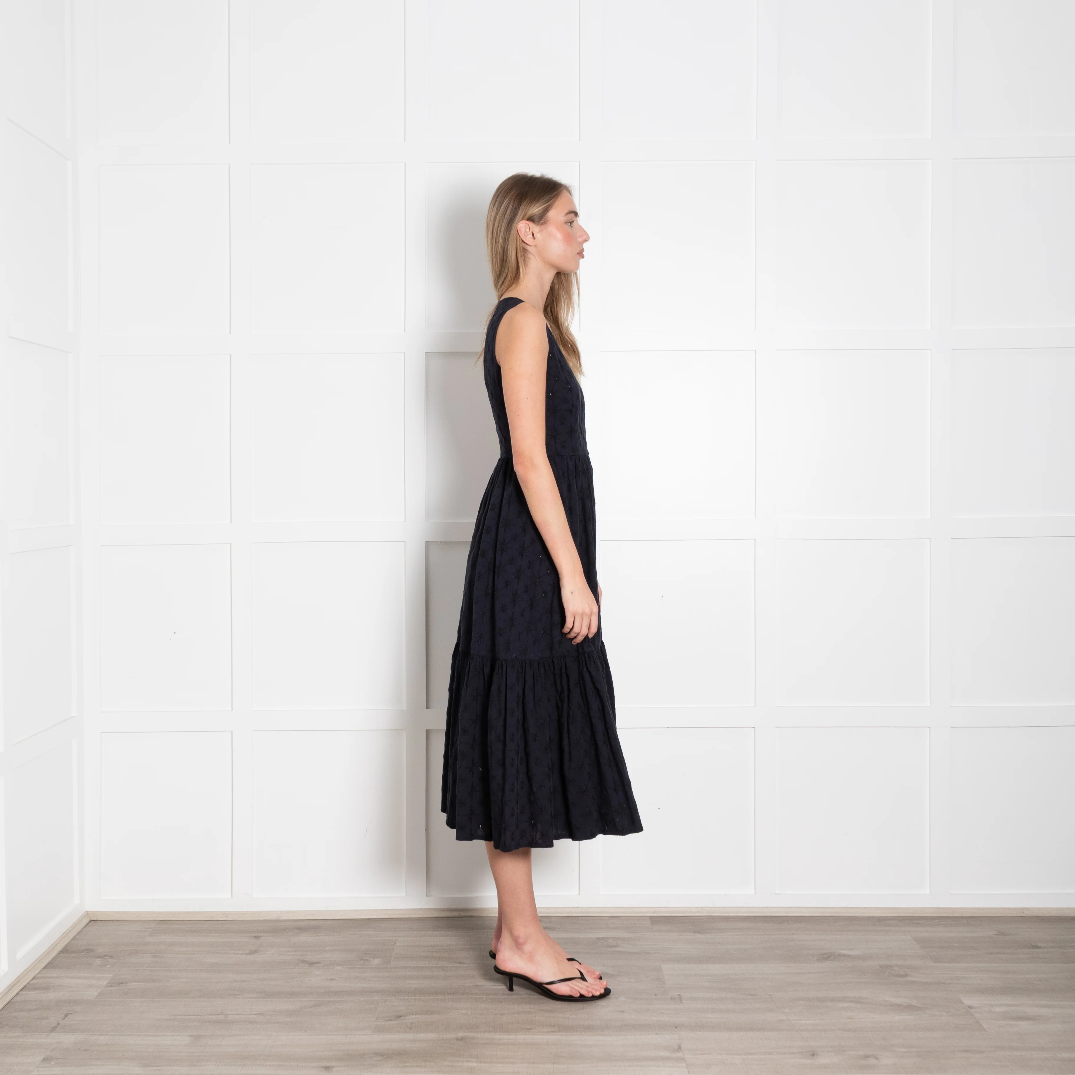 Le Sirenuse Navy Cotton Embroidered Sleeveless Midi Dress - Image 6