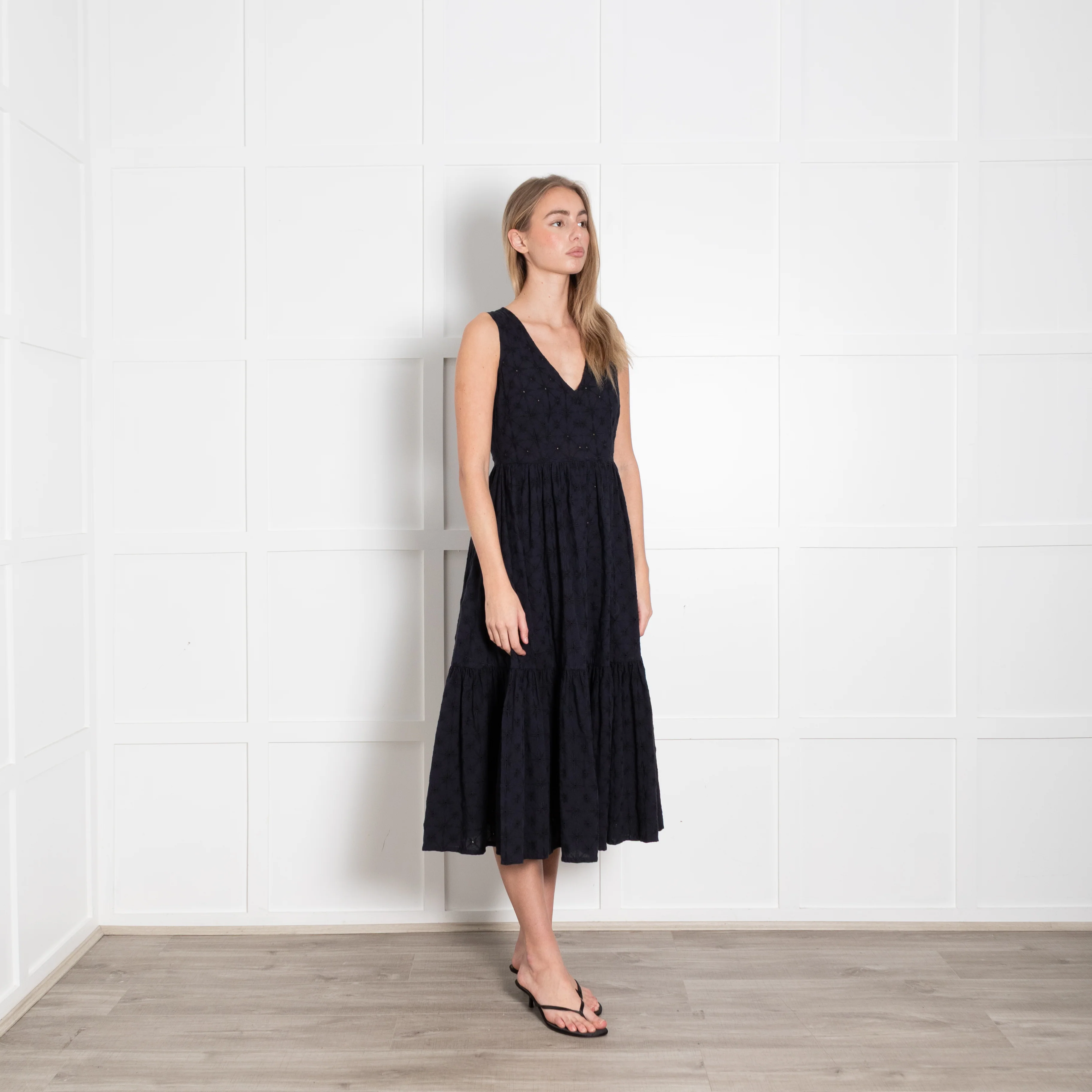 Le Sirenuse Navy Cotton Embroidered Sleeveless Midi Dress - Image 7