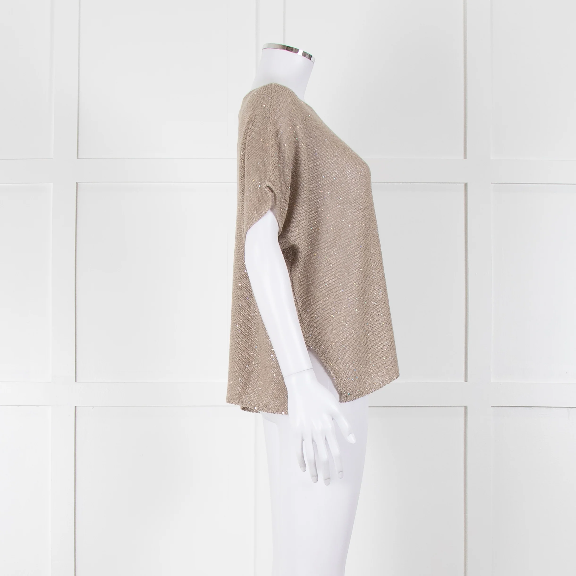 Le Tricot Perugia Beige Sparkle Short Sleeve Jumper - Image 3