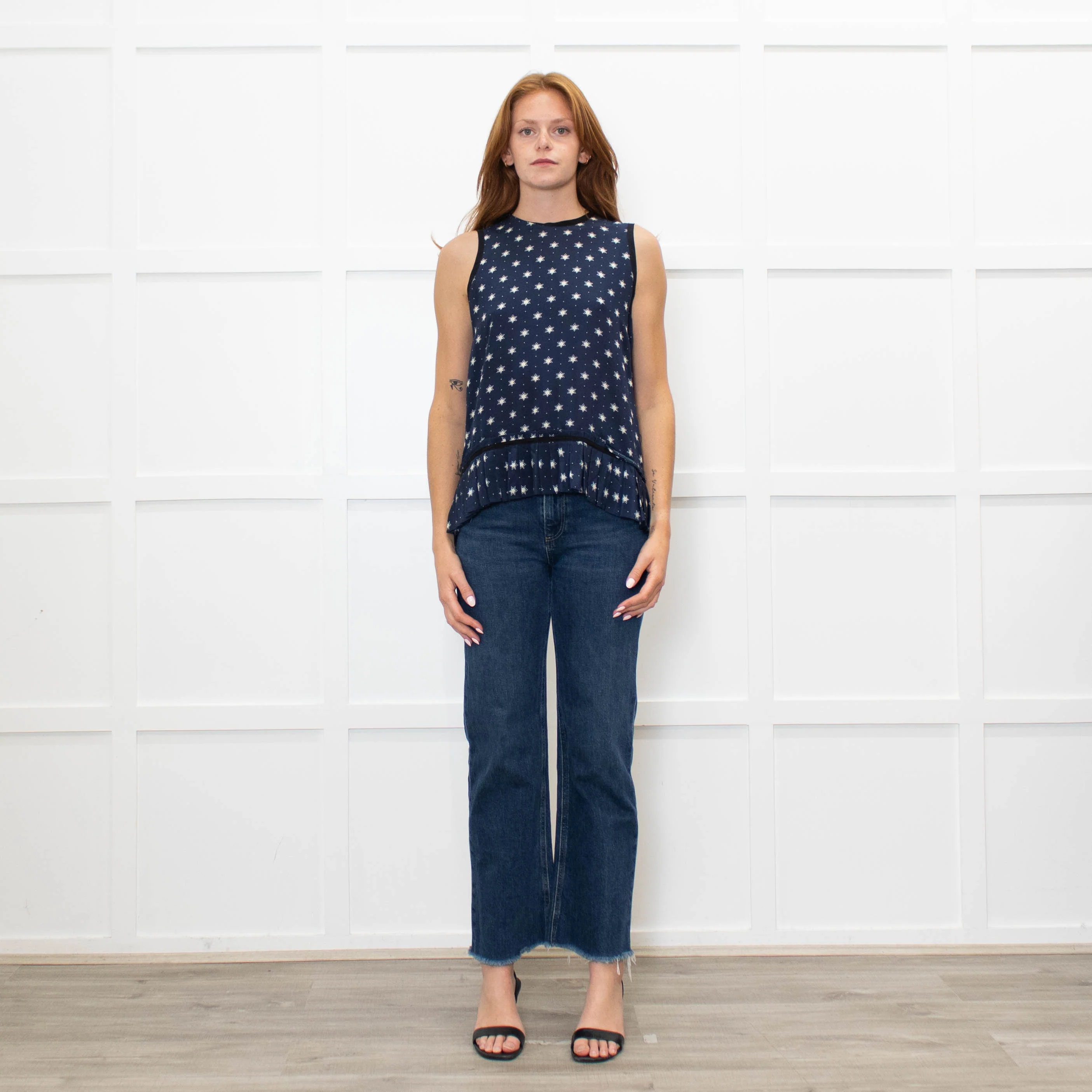 Lee Mathews Navy Star Print Sleeveless Tie Back Top With Pleat Hem