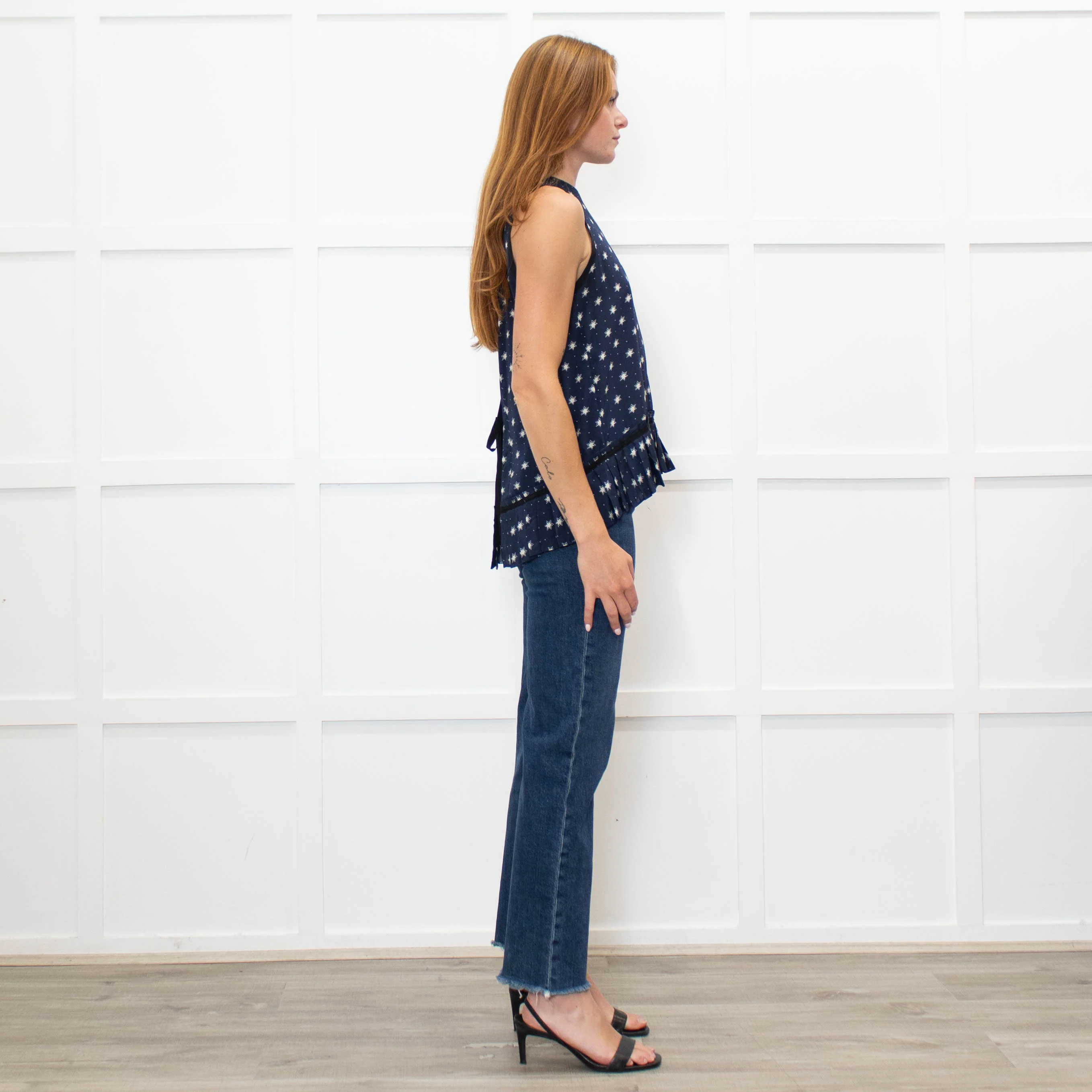 Lee Mathews Navy Star Print Sleeveless Tie Back Top With Pleat Hem - Image 6