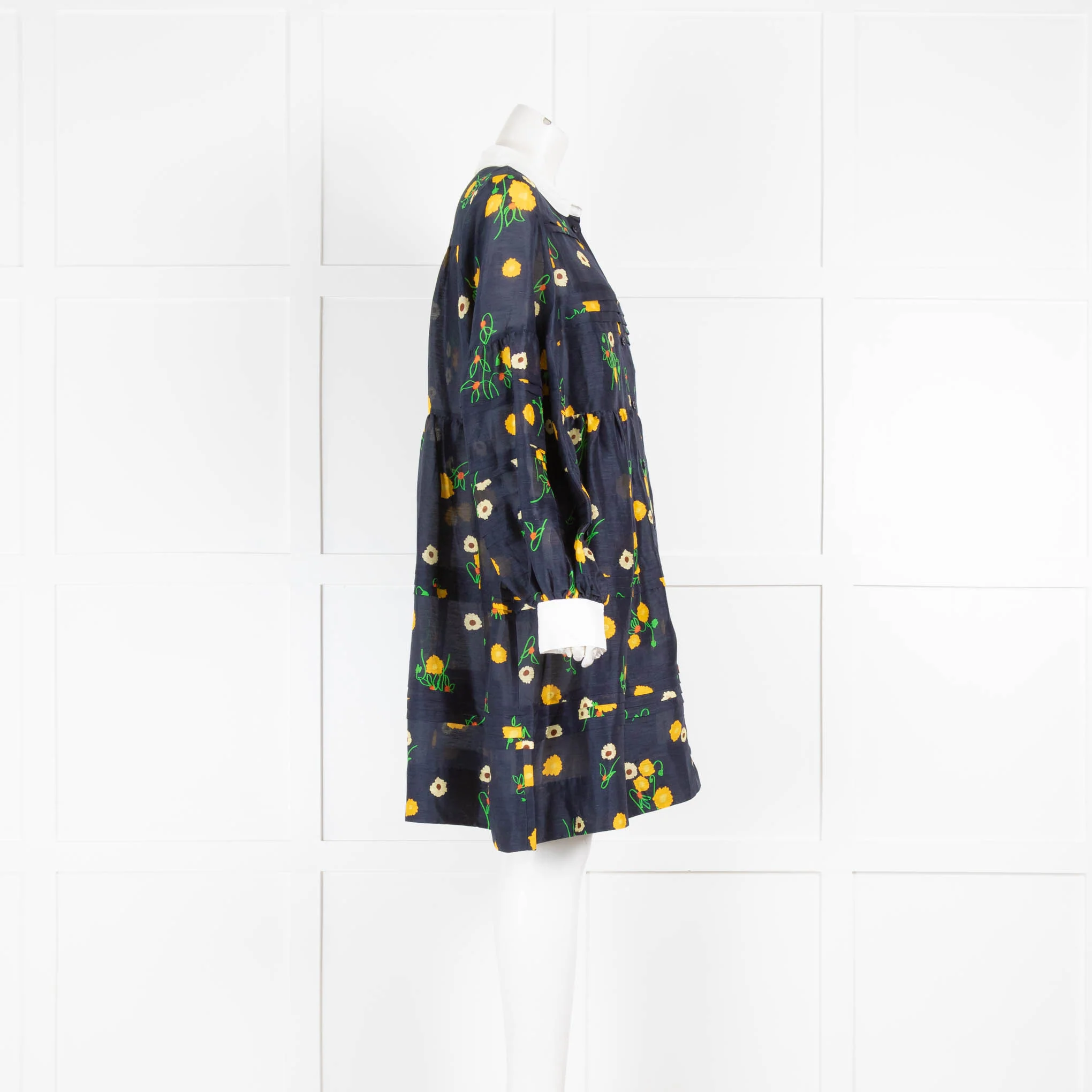Lee Mathews Navy Yellow Floral Silk Blend Long Sleeve Dress - Image 2