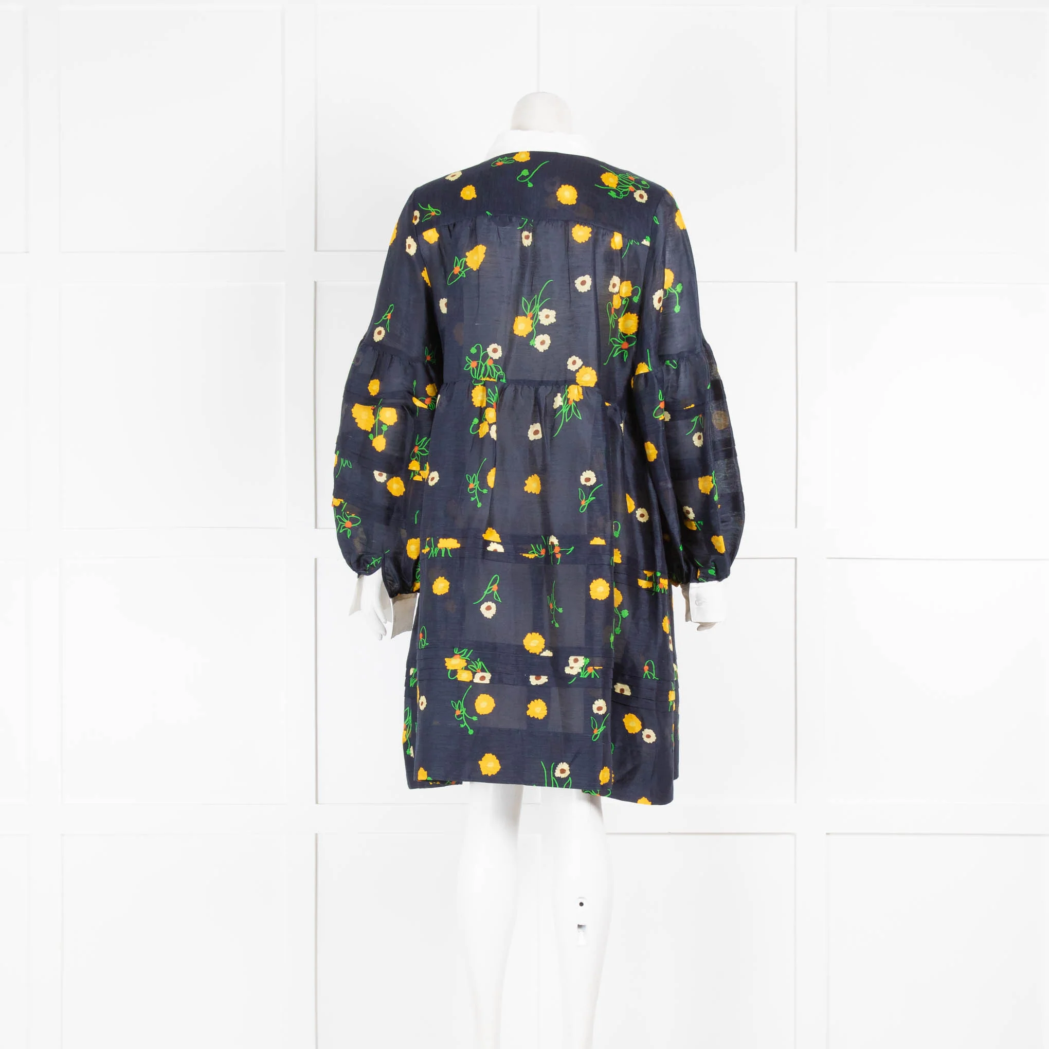 Lee Mathews Navy Yellow Floral Silk Blend Long Sleeve Dress - Image 3