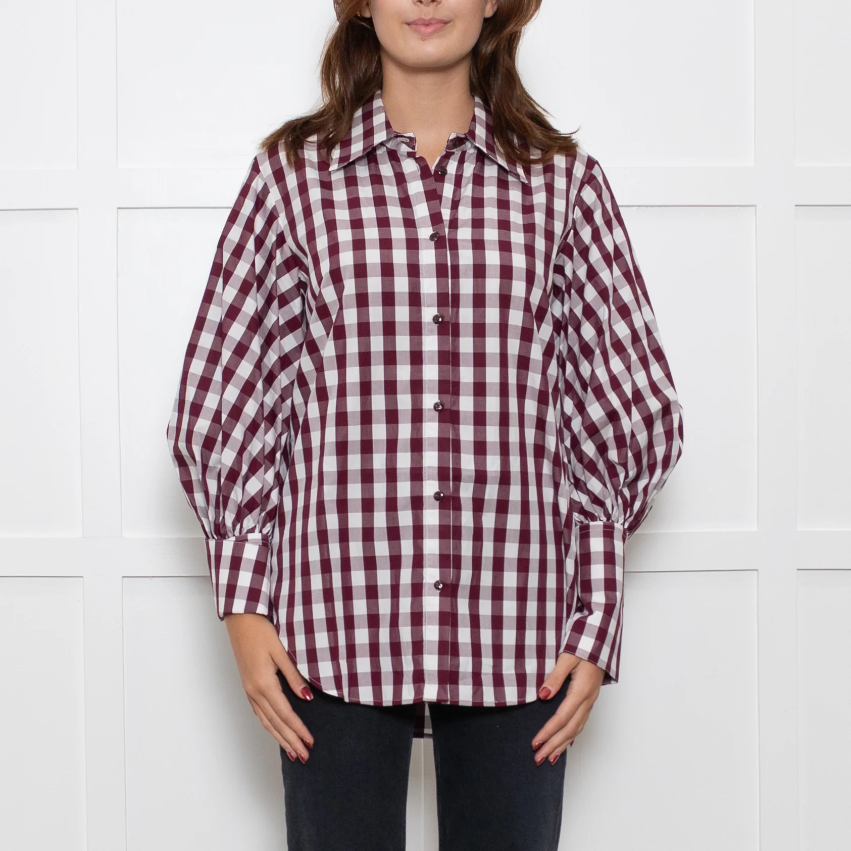 Lee Matthews Burgundy Check Puff Sleeve Shirt - Image 2