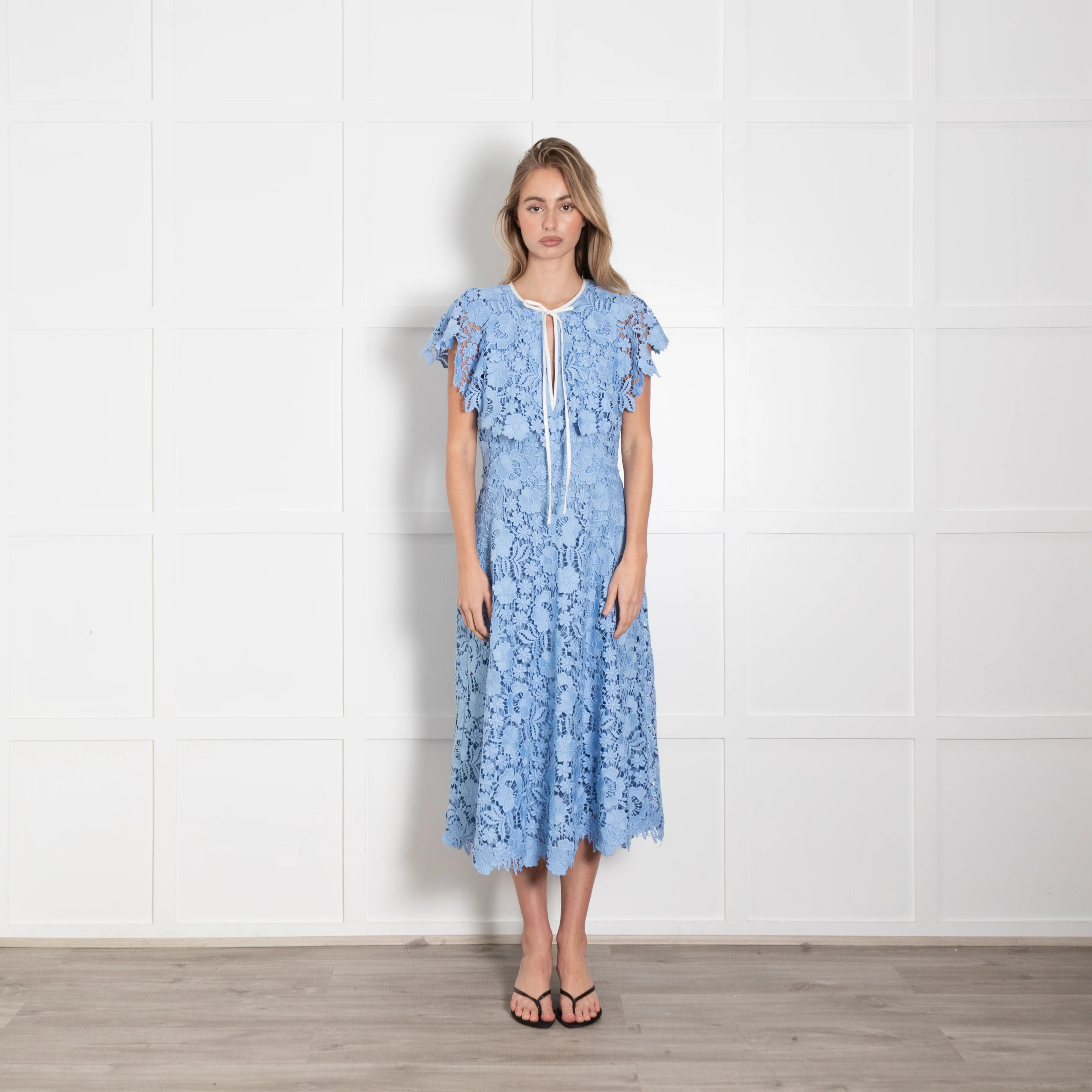 Lela Rose Pale Blue Lace White Trim Sleeveless Midi Dress