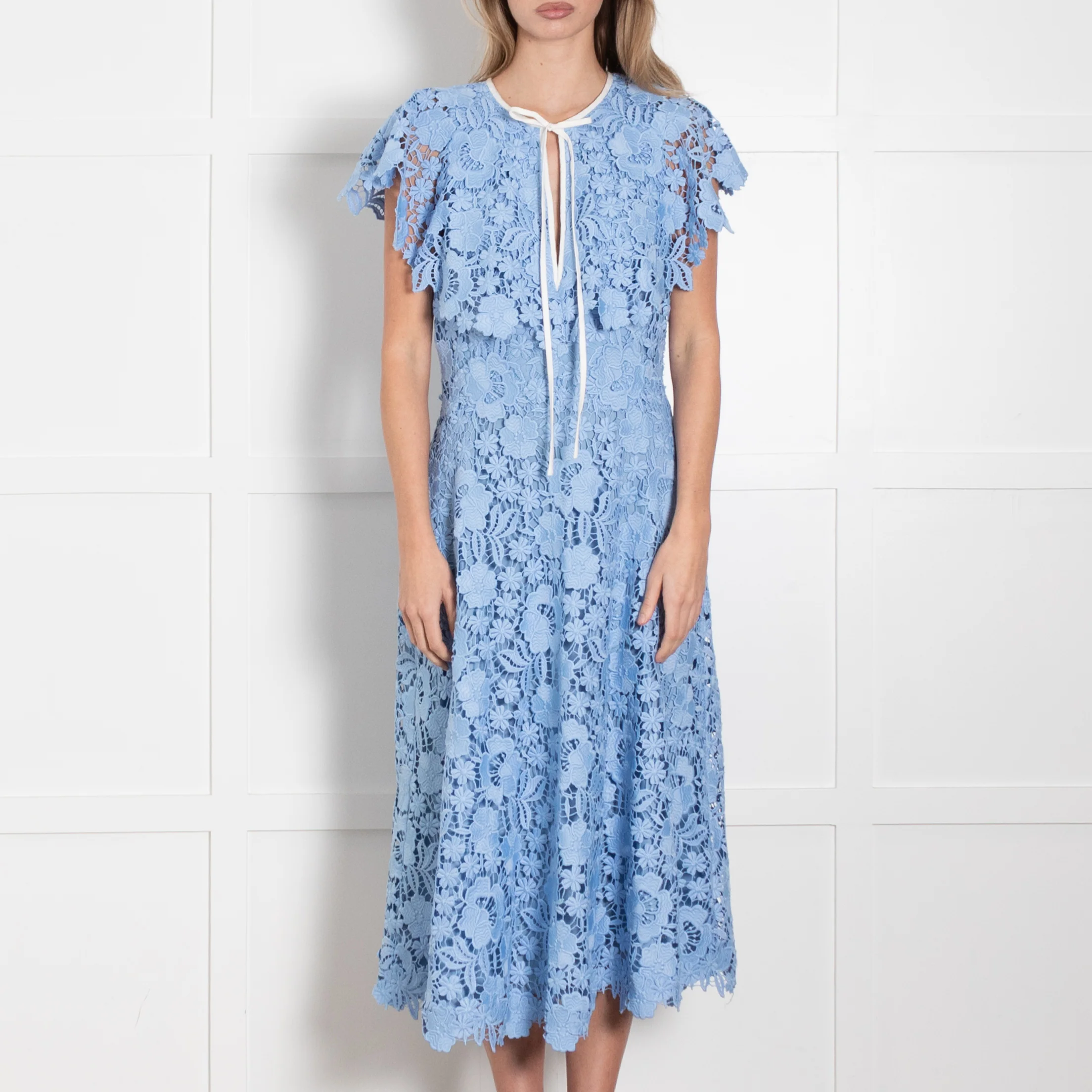 Lela Rose Pale Blue Lace White Trim Sleeveless Midi Dress - Image 2