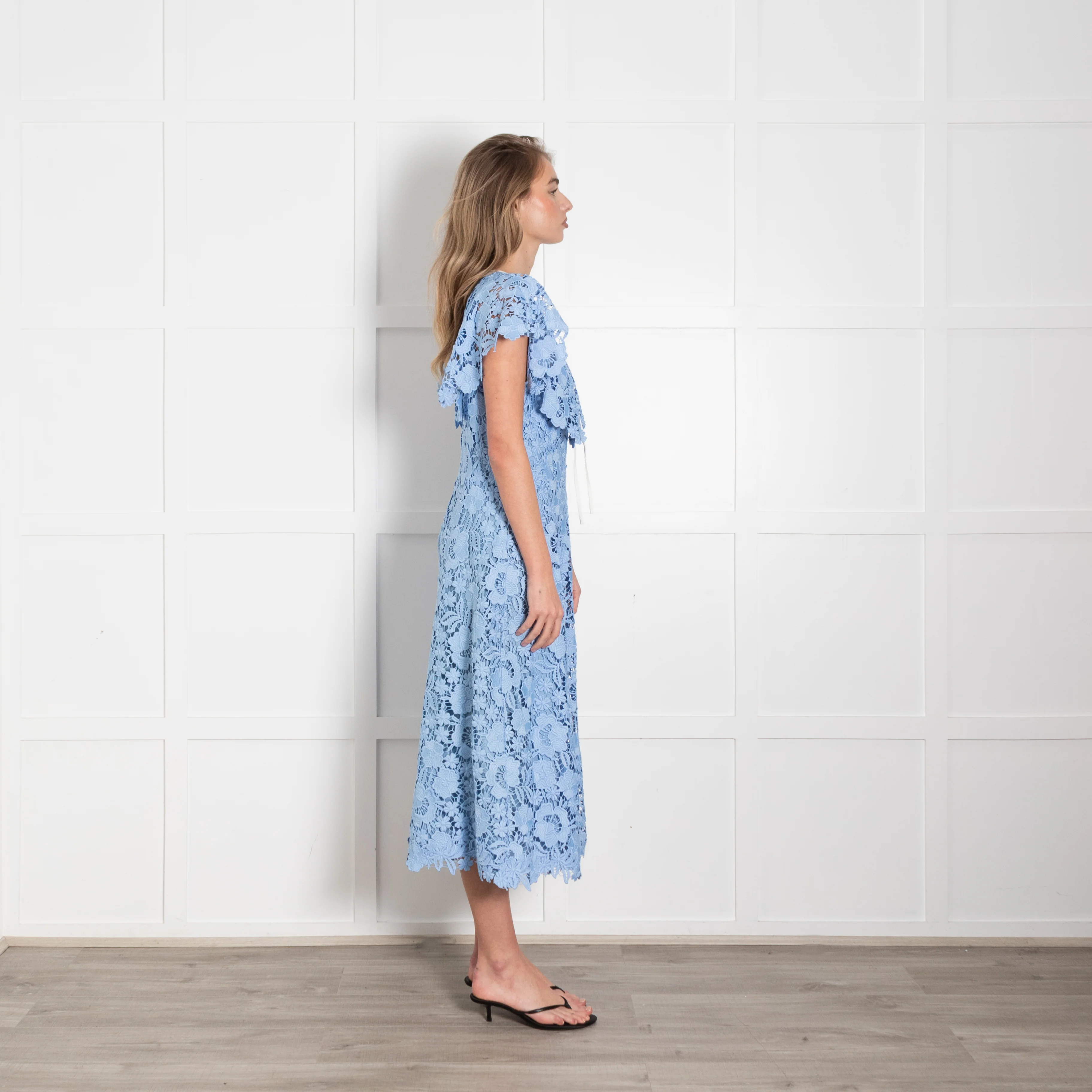 Lela Rose Pale Blue Lace White Trim Sleeveless Midi Dress - Image 6