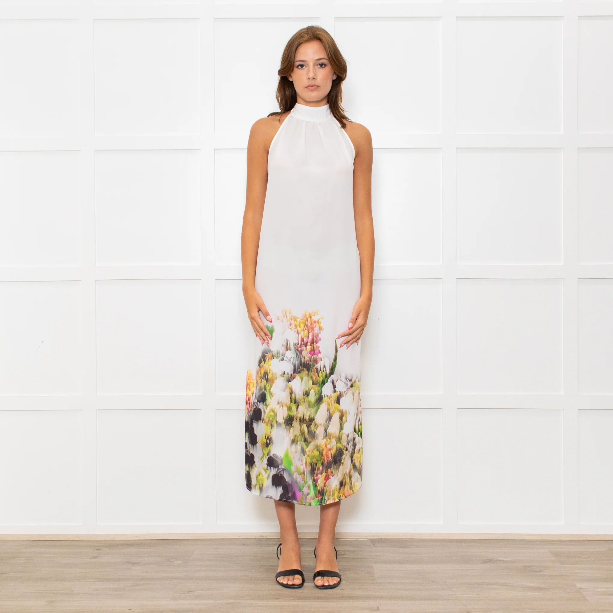 Lenny Niemeyer White Halterneck Maxi Dress with Floral Hem