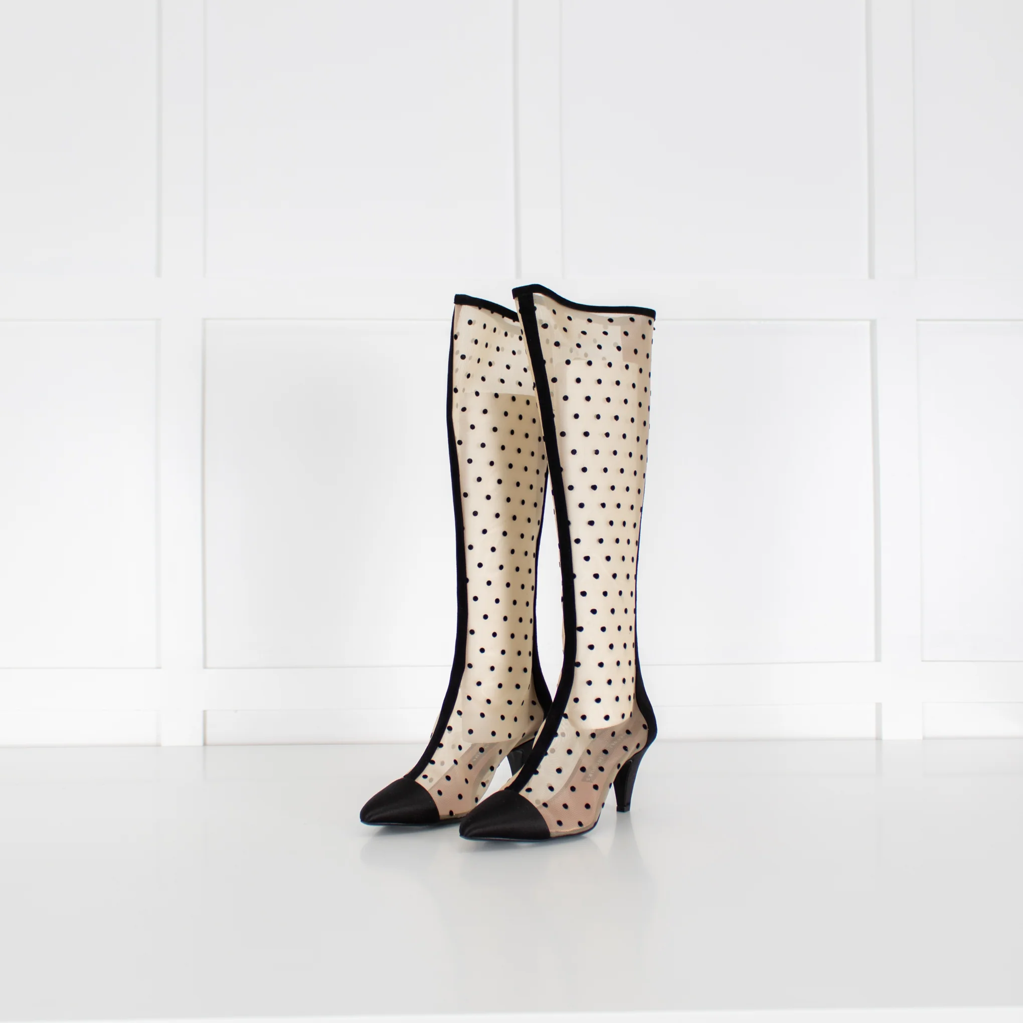 Les Petits Joueurs Black Beige Polka Dot Mesh Knee-High Boots