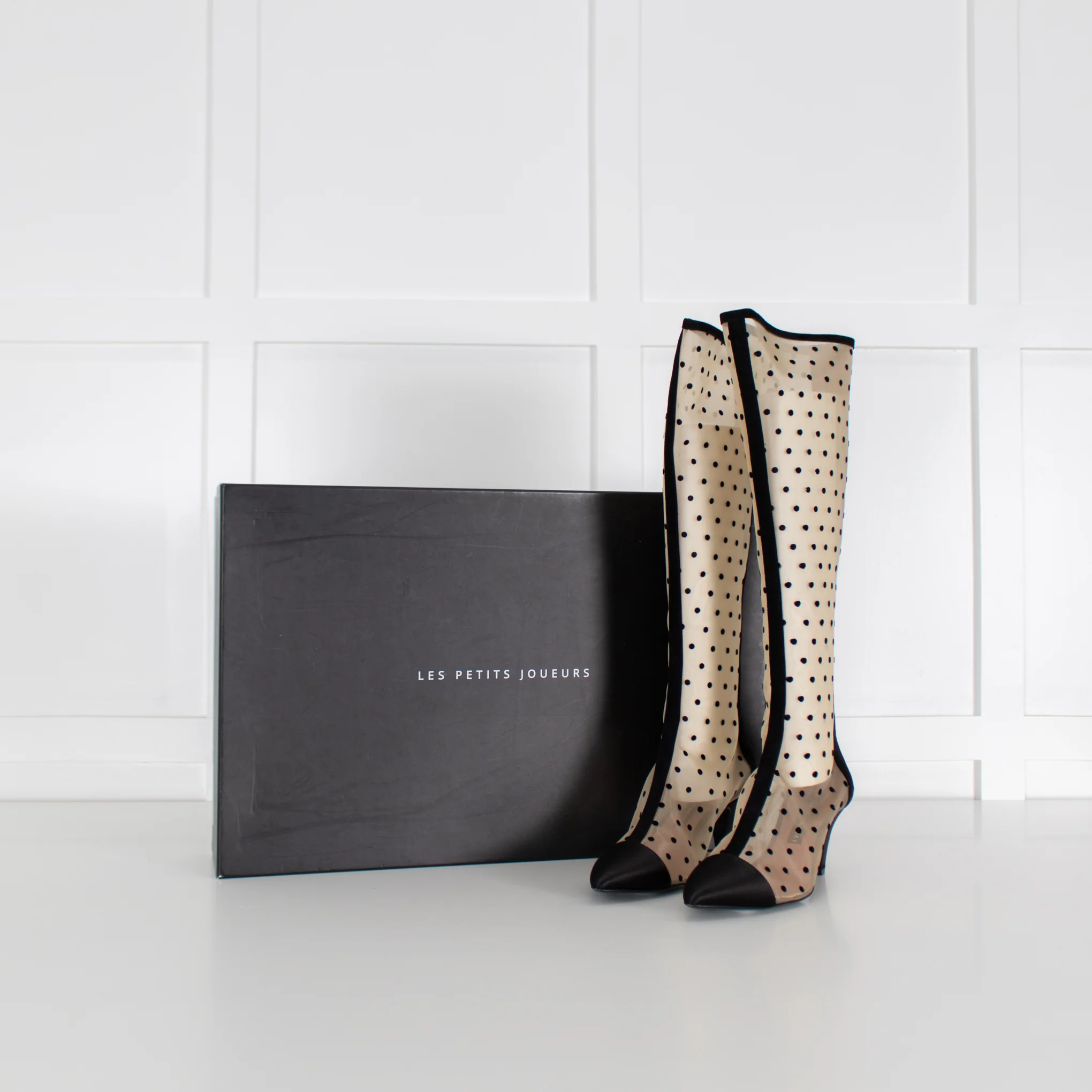 Les Petits Joueurs Black Beige Polka Dot Mesh Knee-High Boots - Image 2