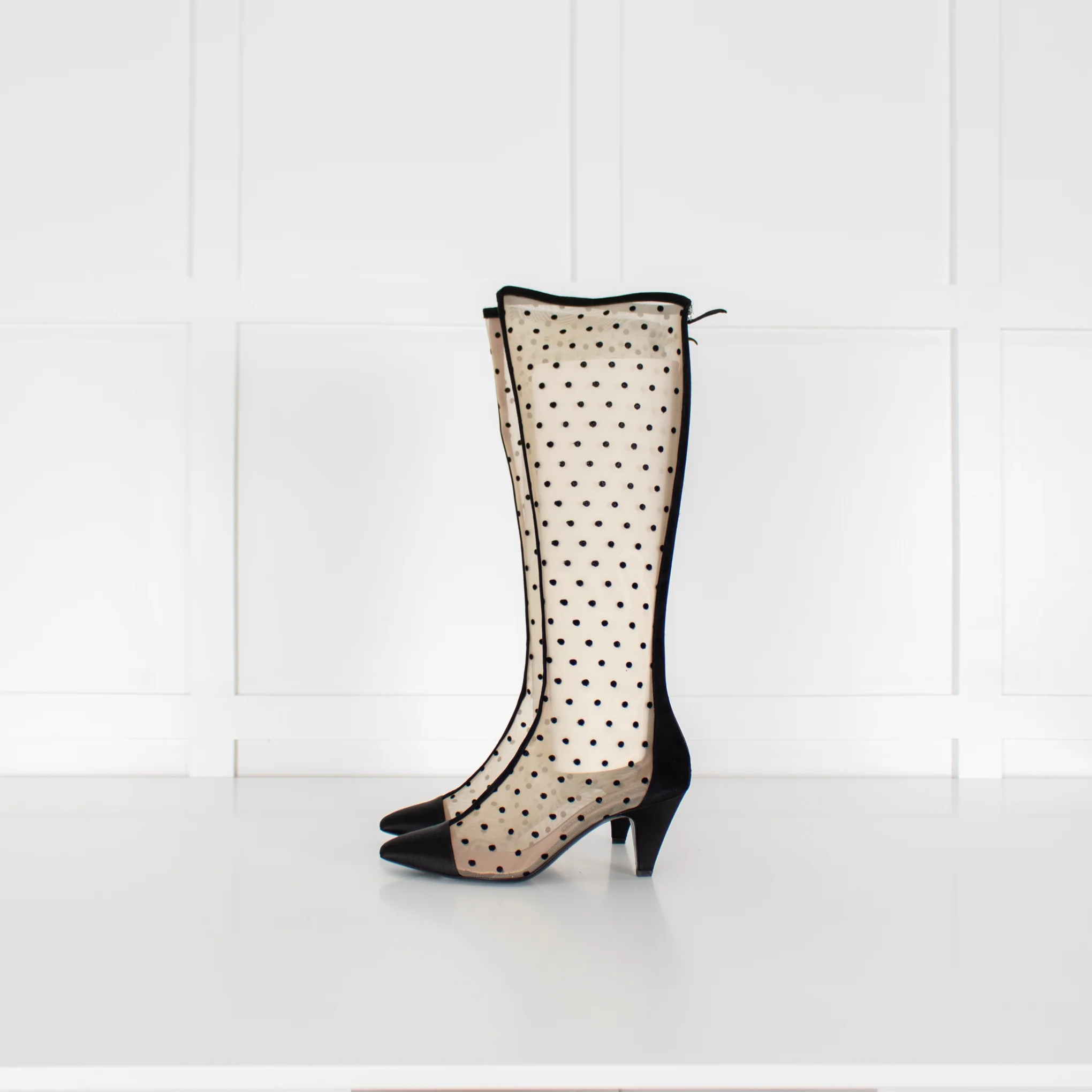 Les Petits Joueurs Black Beige Polka Dot Mesh Knee-High Boots - Image 3