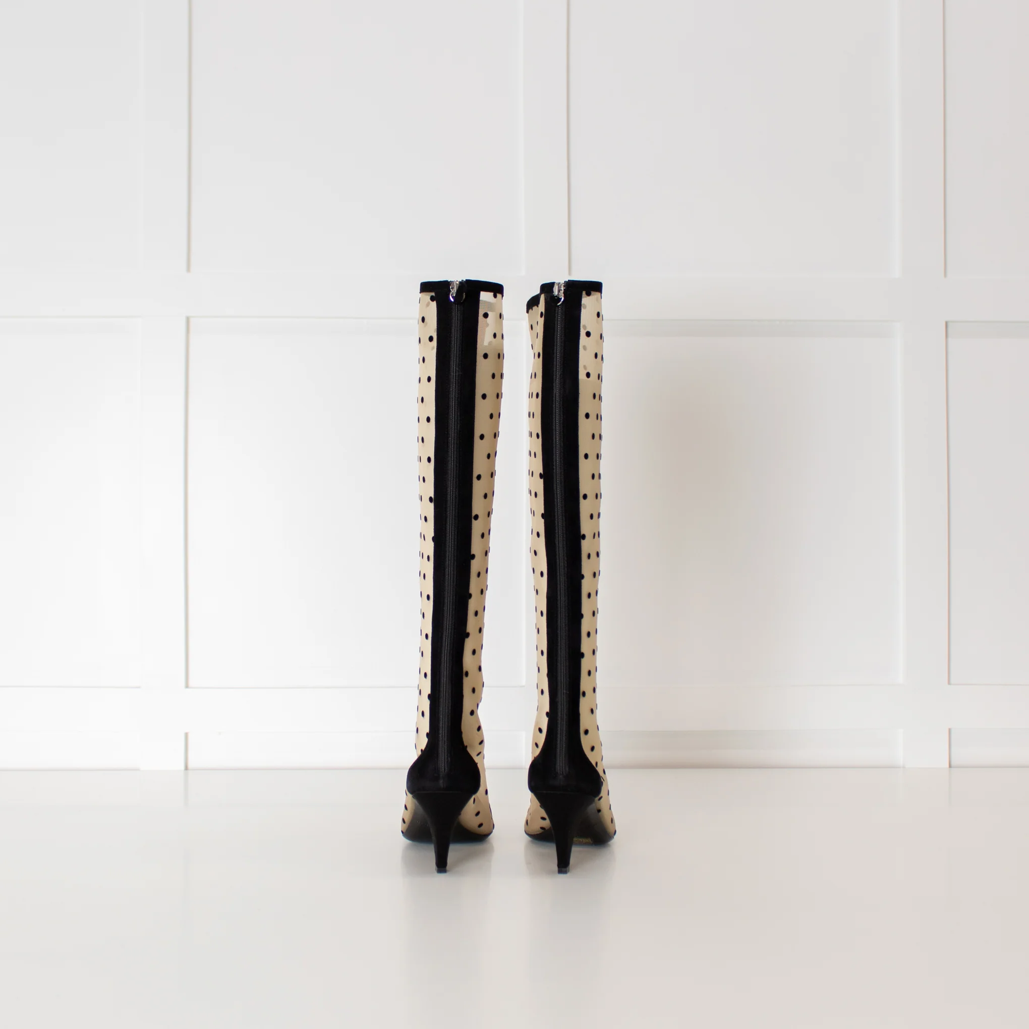 Les Petits Joueurs Black Beige Polka Dot Mesh Knee-High Boots - Image 4