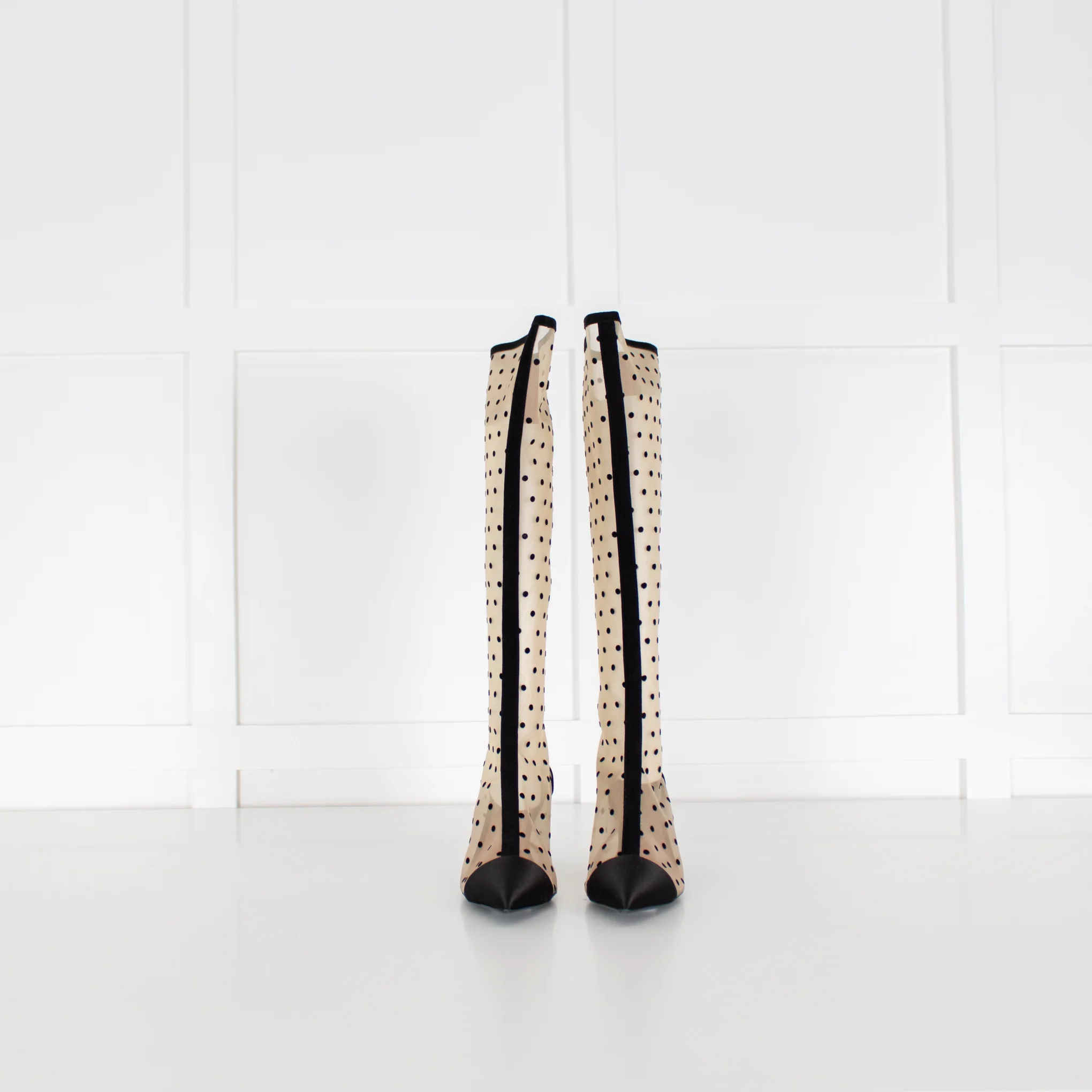 Les Petits Joueurs Black Beige Polka Dot Mesh Knee-High Boots - Image 5