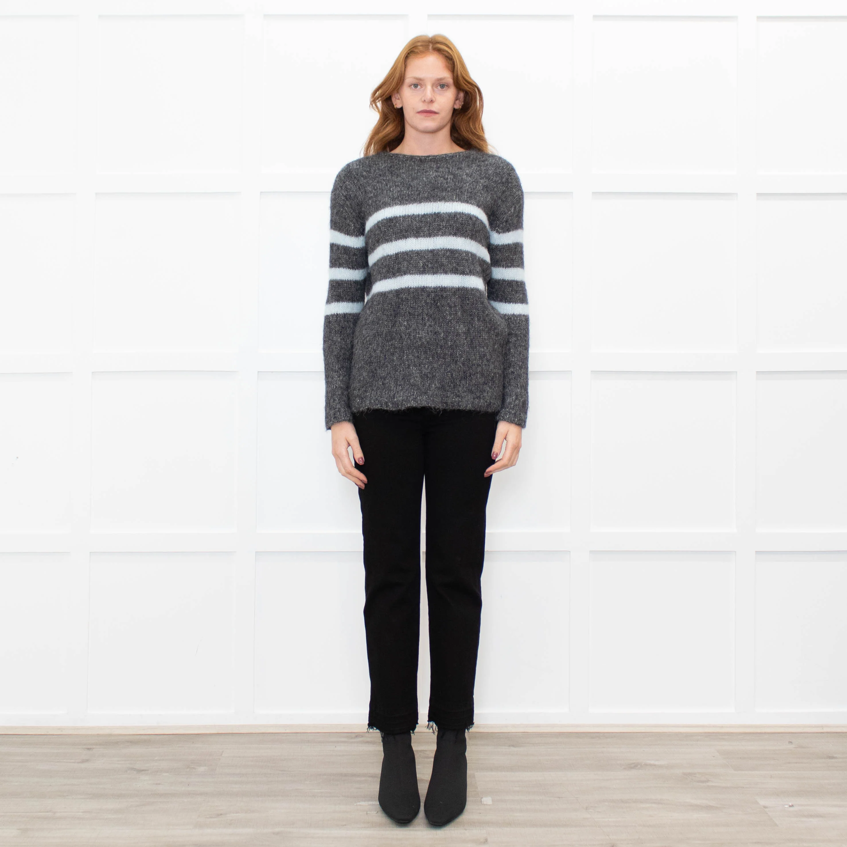 Les Racines Du Ciel Grey Light Blue Stripes Wool Blend Jumper