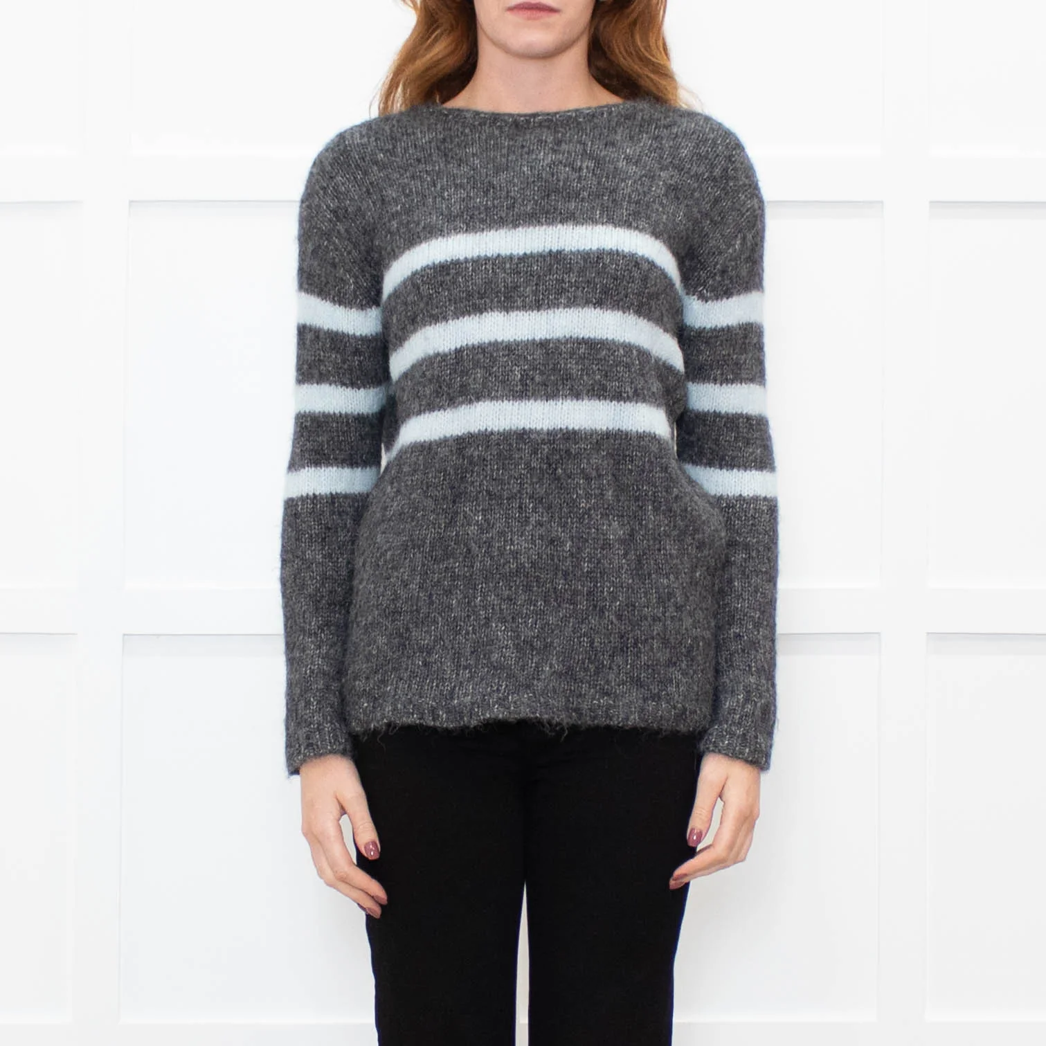 Les Racines Du Ciel Grey Light Blue Stripes Wool Blend Jumper - Image 2