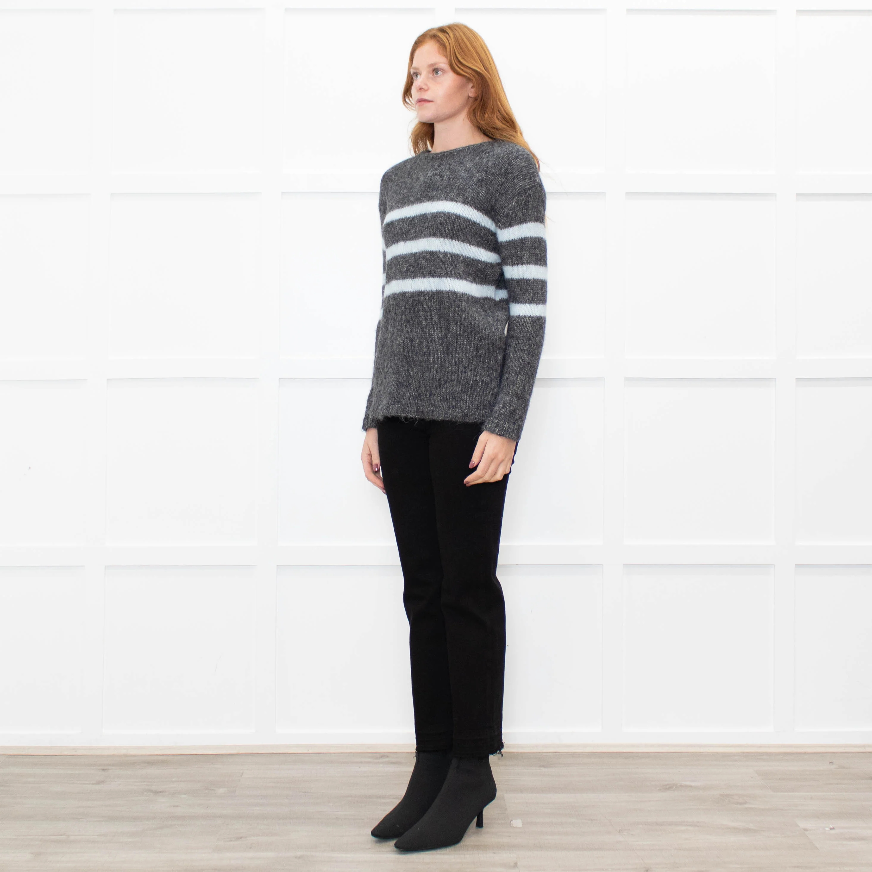 Les Racines Du Ciel Grey Light Blue Stripes Wool Blend Jumper - Image 3