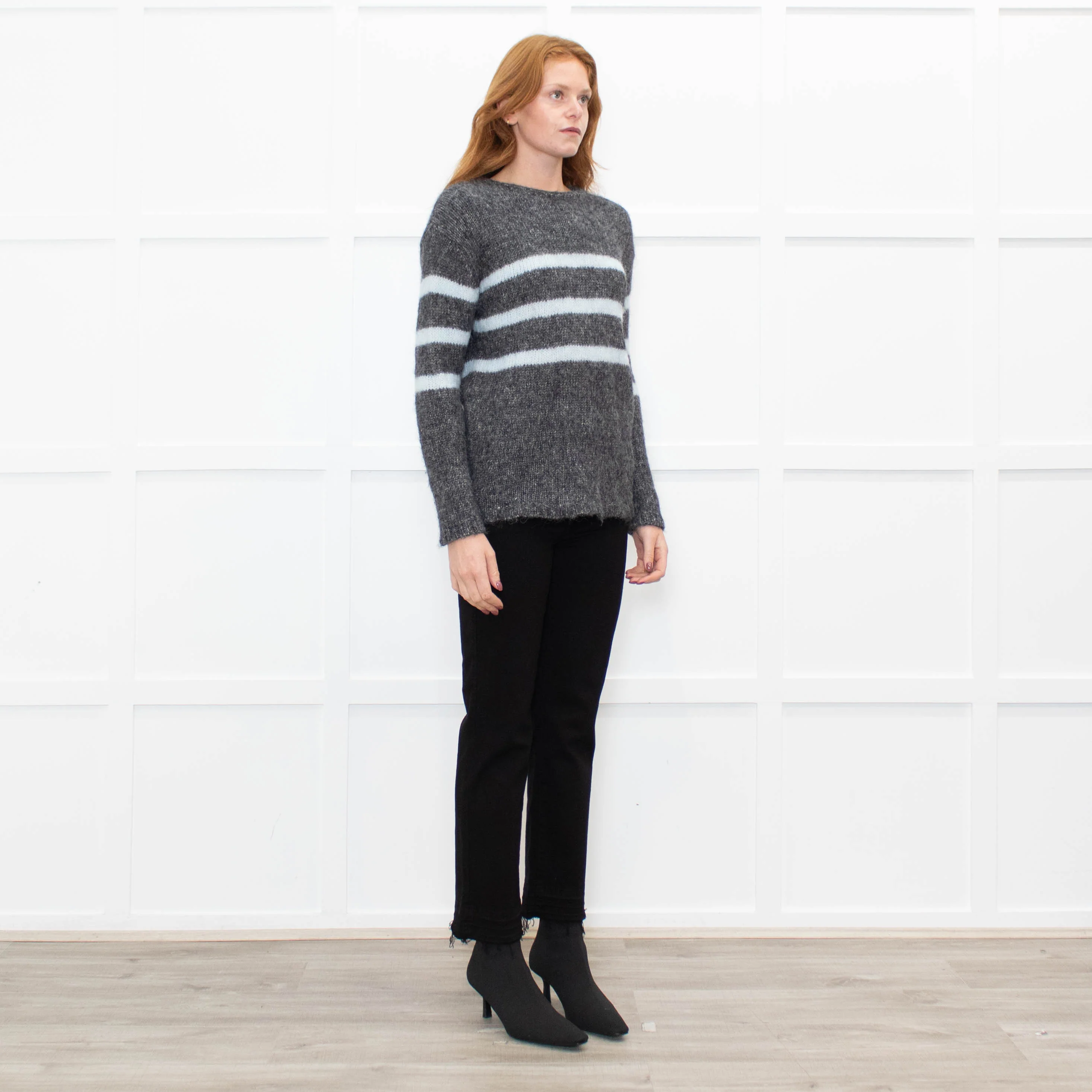 Les Racines Du Ciel Grey Light Blue Stripes Wool Blend Jumper - Image 7