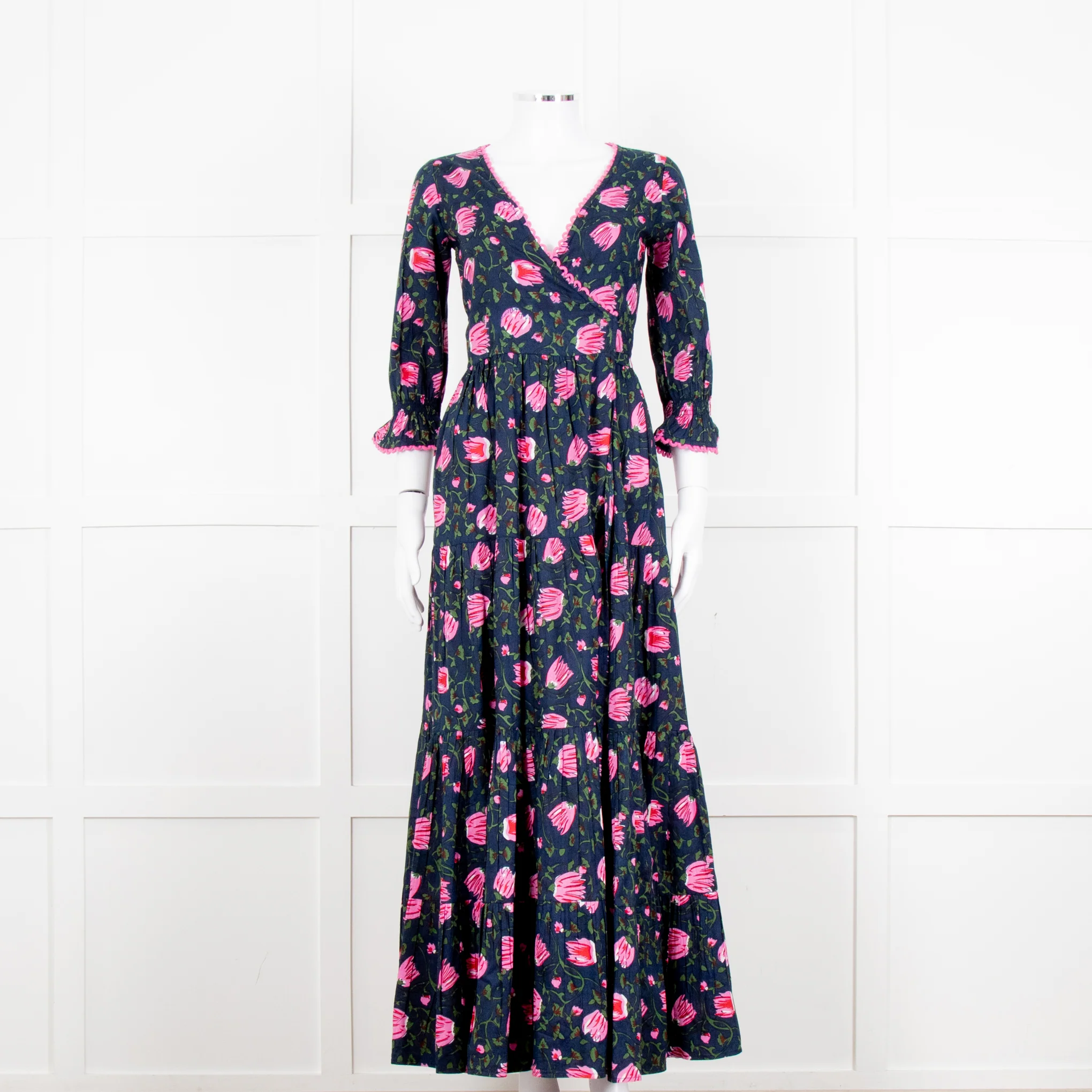 Lexy London Navy Pink Floral Cotton Wrap Maxi Dress