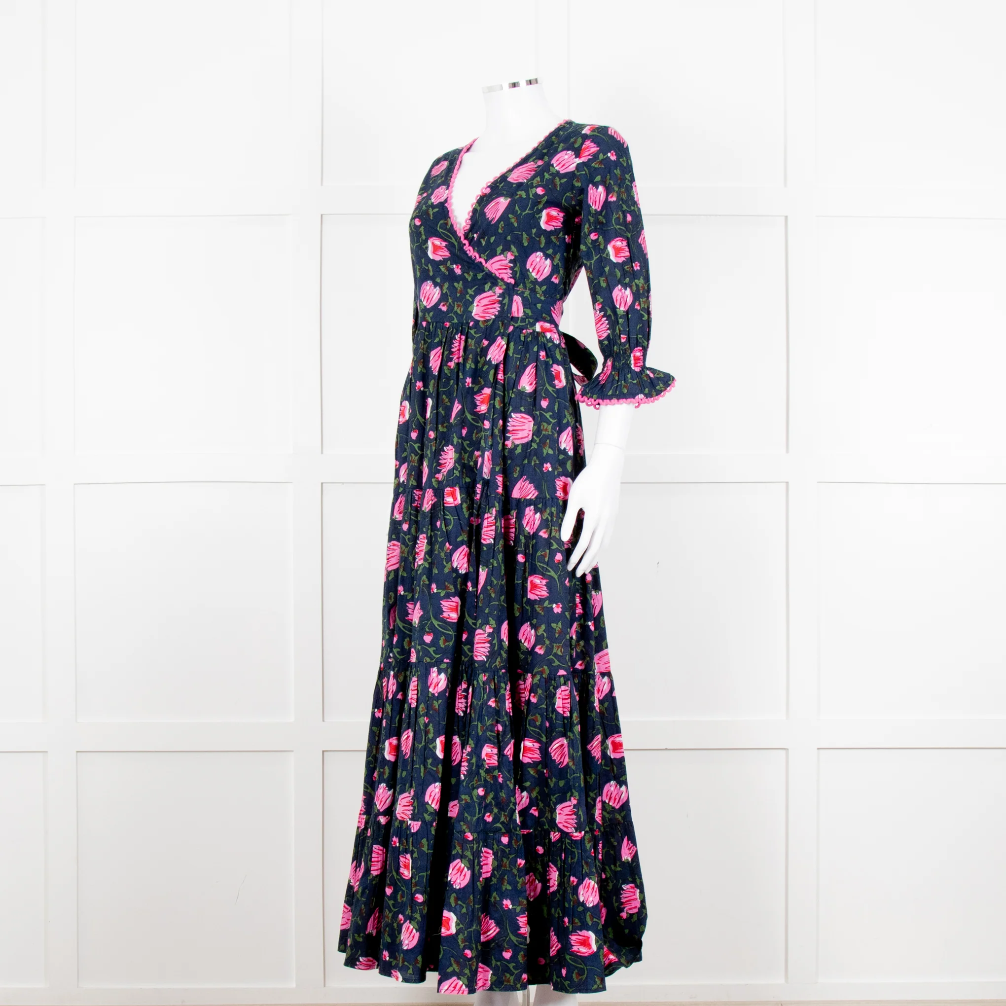 Lexy London Navy Pink Floral Cotton Wrap Maxi Dress - Image 2