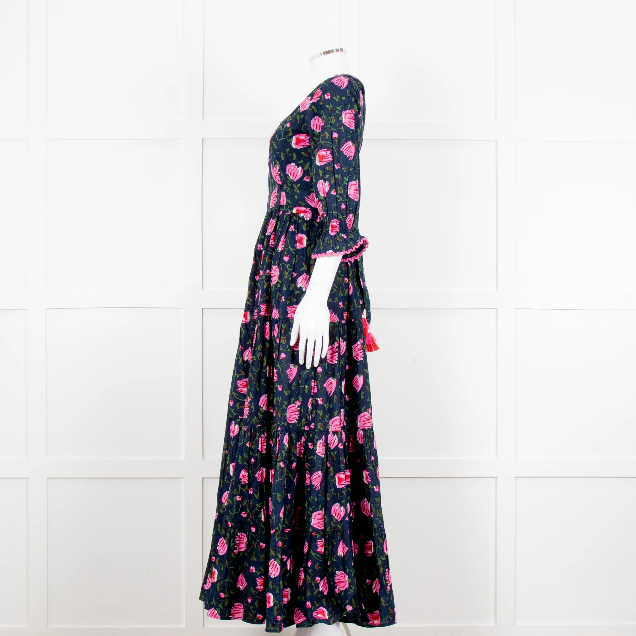 Lexy London Navy Pink Floral Cotton Wrap Maxi Dress - Image 3
