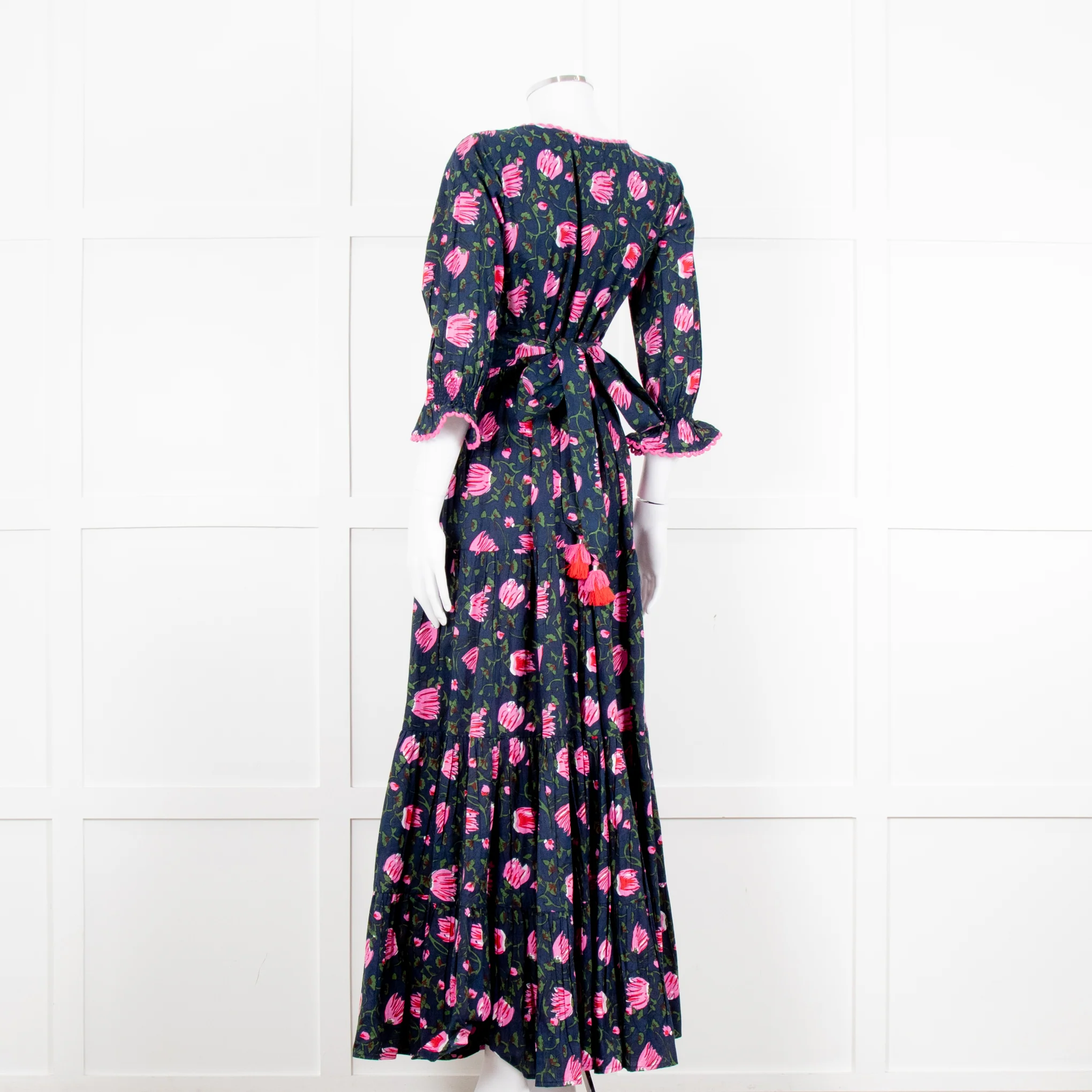 Lexy London Navy Pink Floral Cotton Wrap Maxi Dress - Image 4