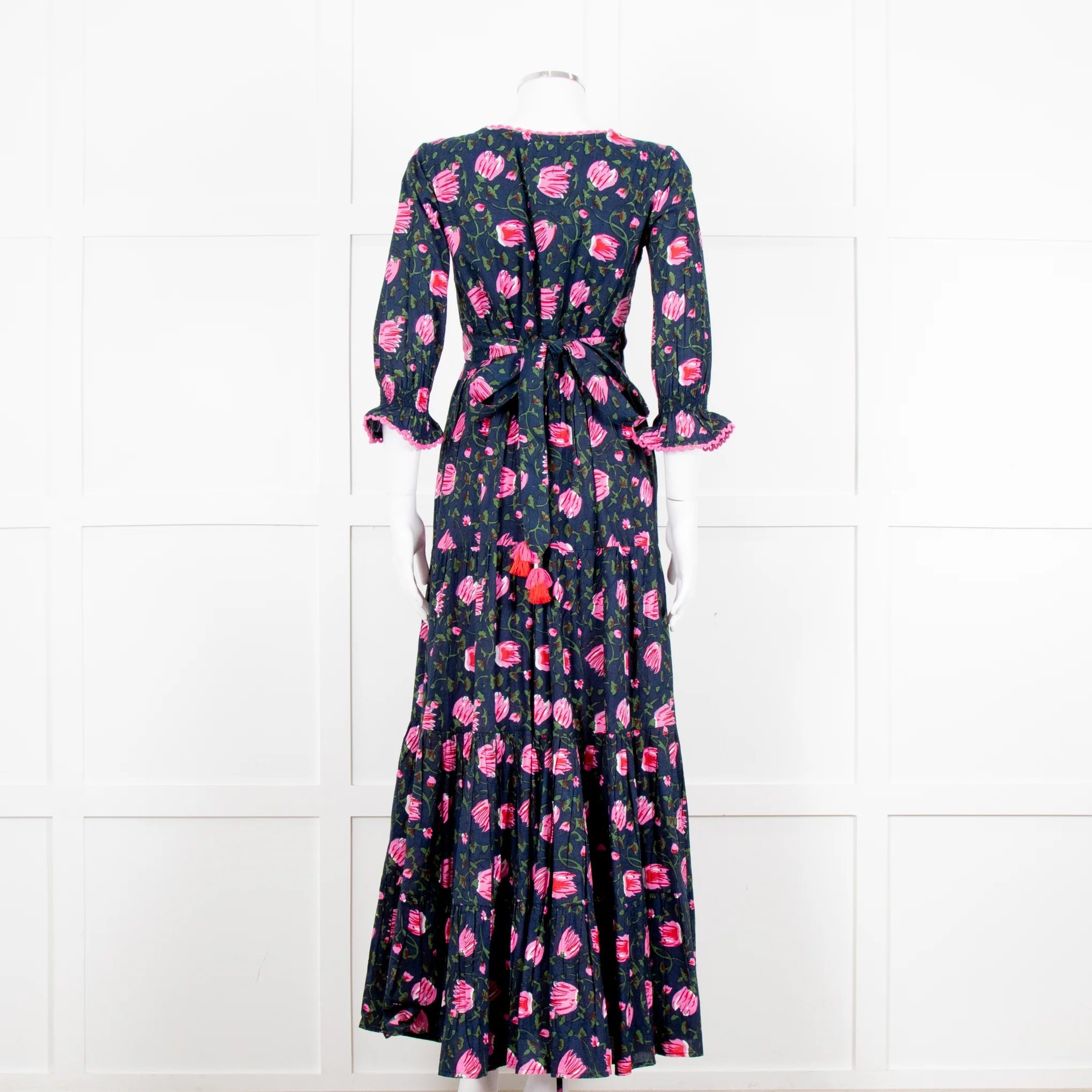 Lexy London Navy Pink Floral Cotton Wrap Maxi Dress - Image 5