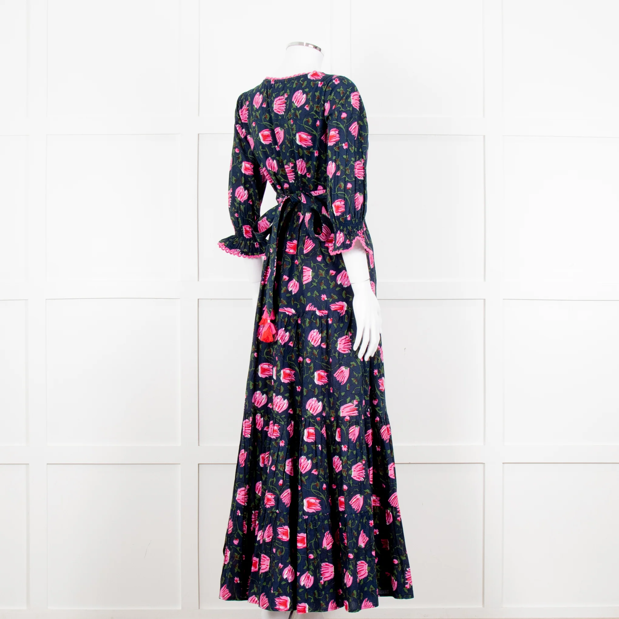 Lexy London Navy Pink Floral Cotton Wrap Maxi Dress - Image 6