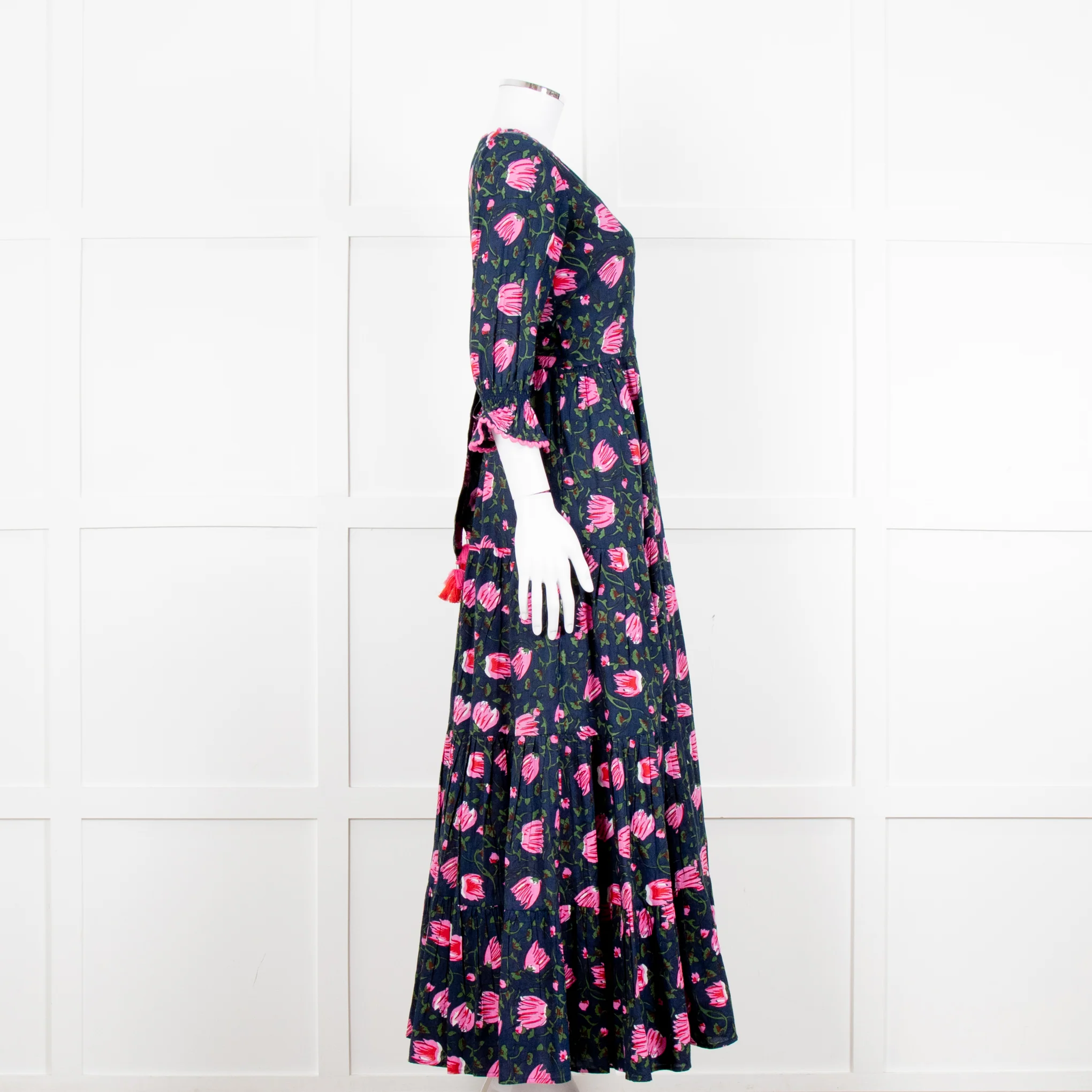 Lexy London Navy Pink Floral Cotton Wrap Maxi Dress - Image 7