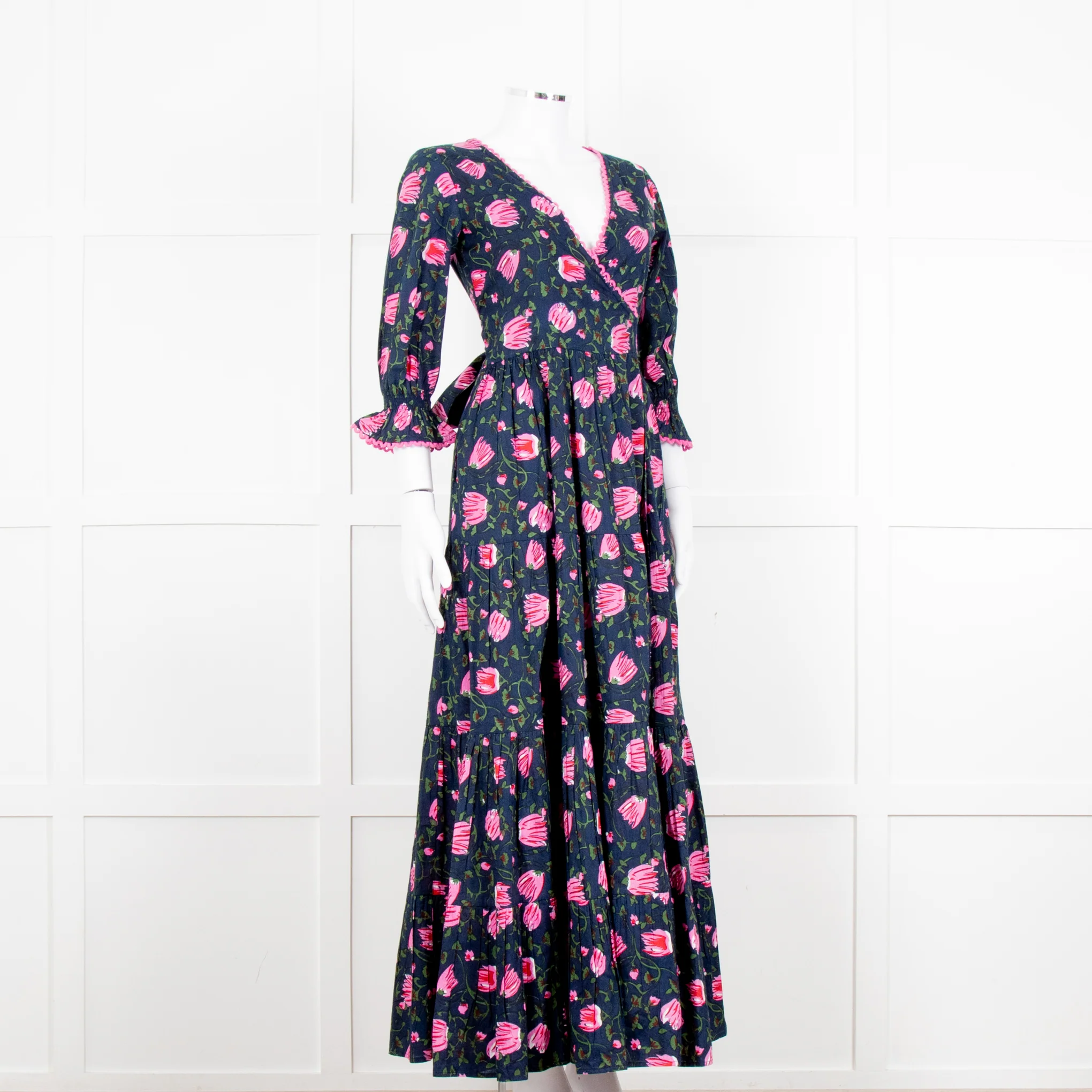 Lexy London Navy Pink Floral Cotton Wrap Maxi Dress - Image 8