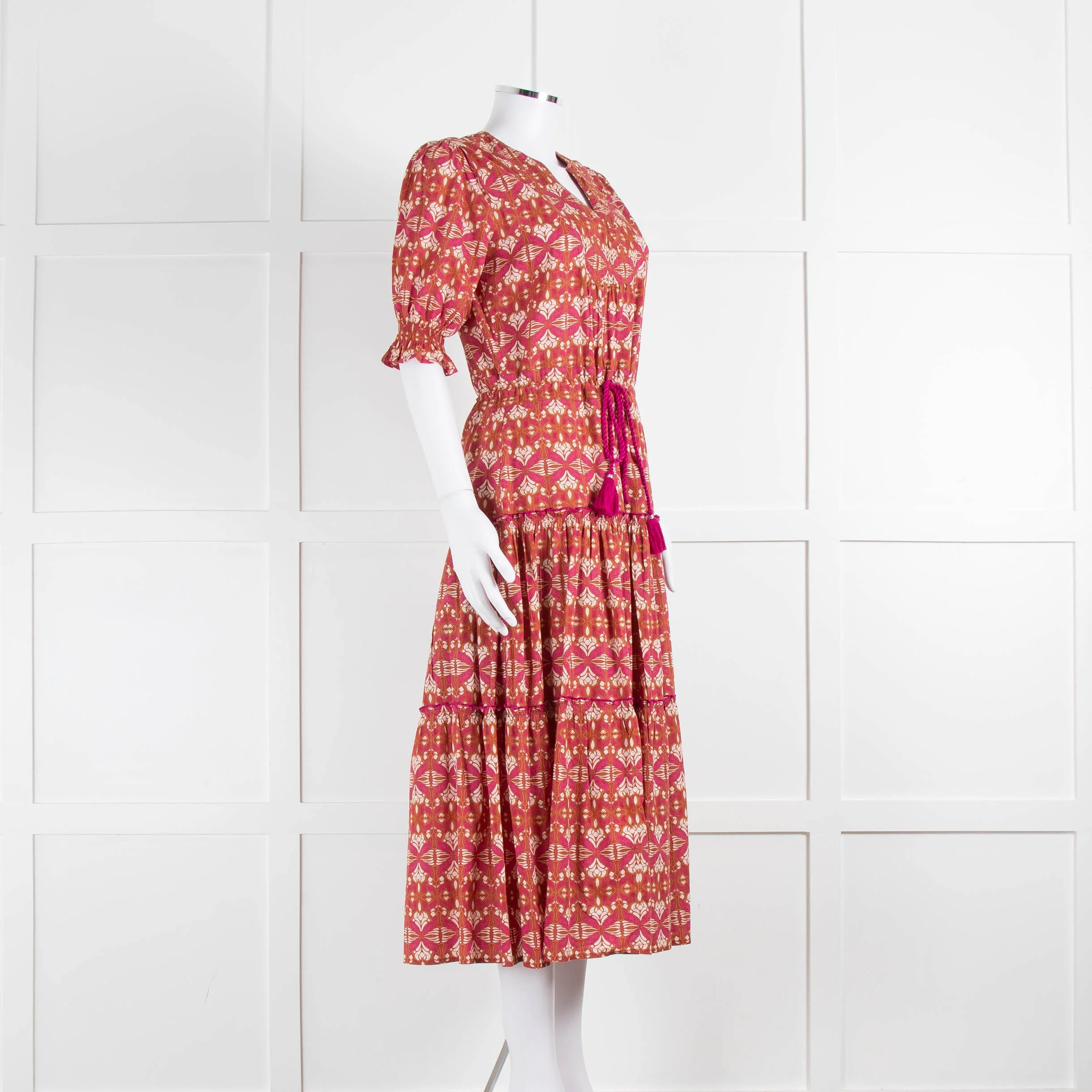 Lexy London Tan Pink Cotton Tiered Short Sleeve Dress - Image 2