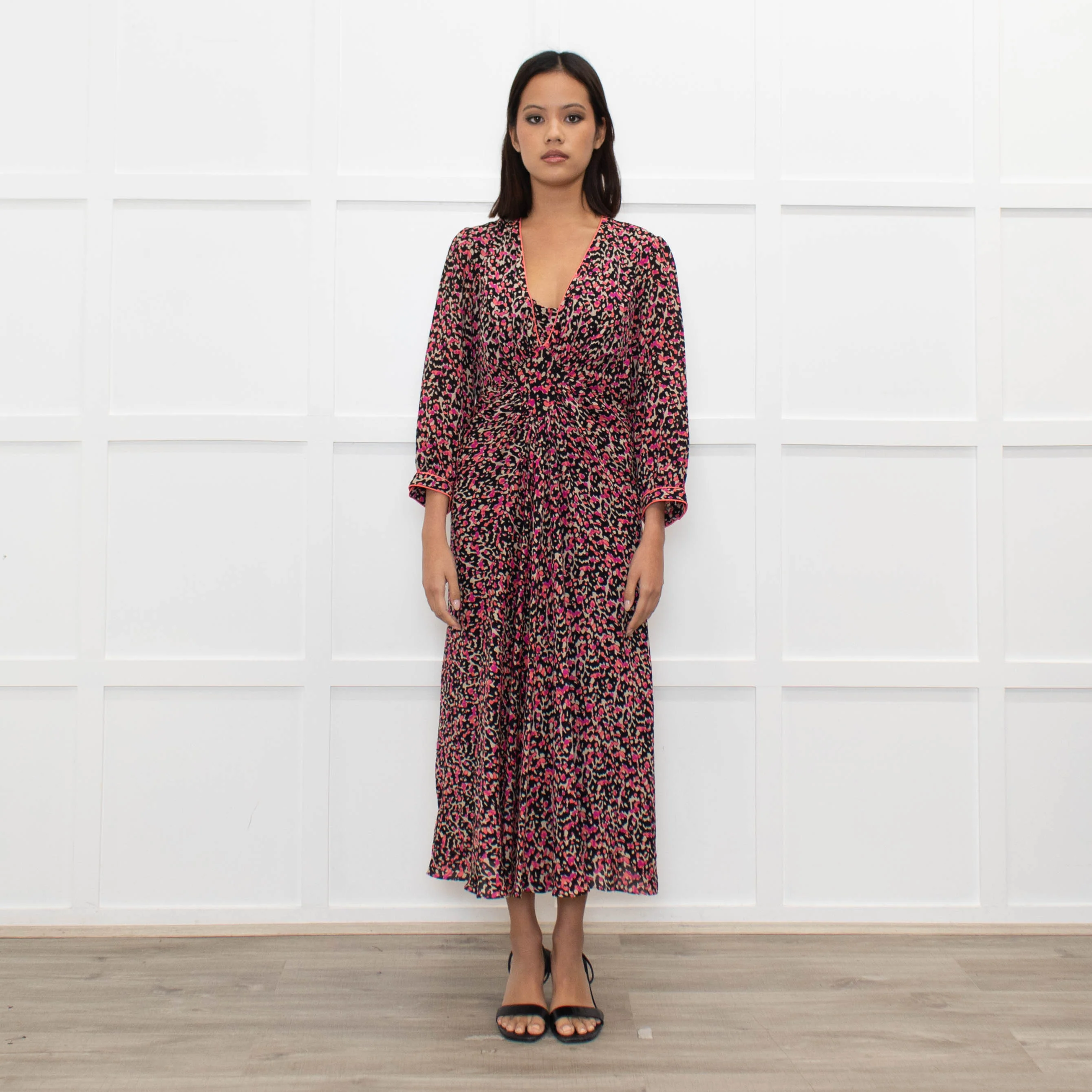 Libelula Black Pink Cream Floral Silk Midi Dress