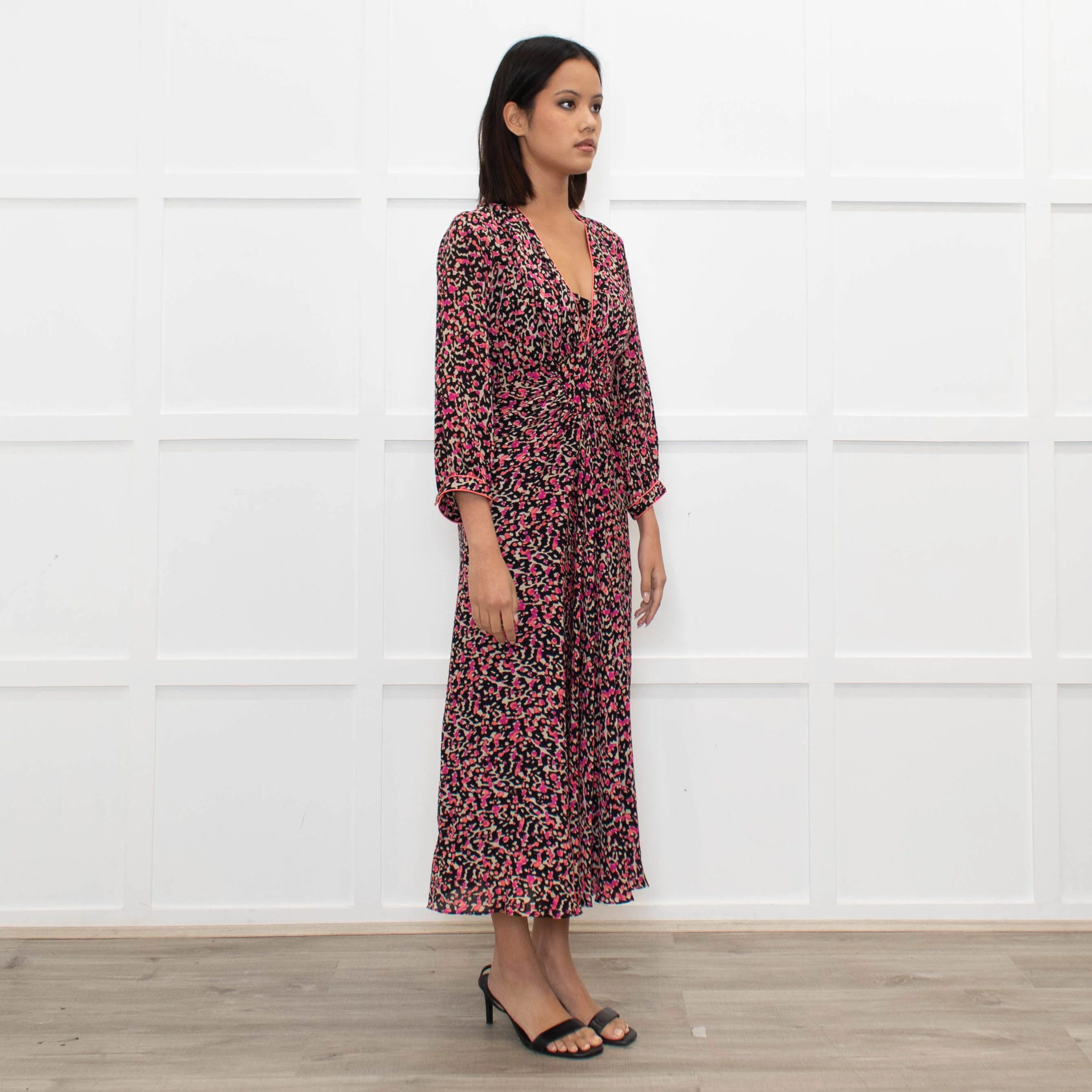 Libelula Black Pink Cream Floral Silk Midi Dress - Image 3