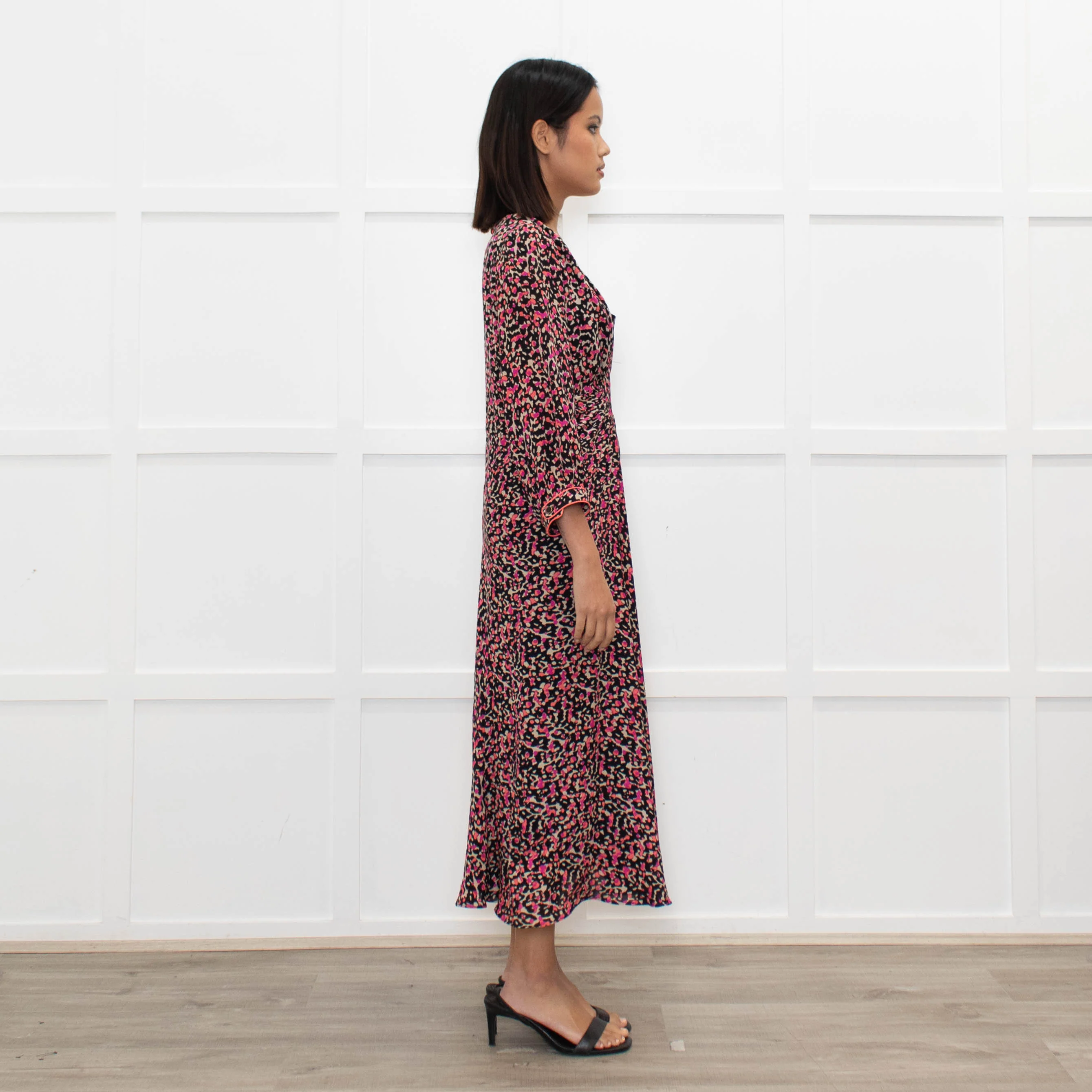 Libelula Black Pink Cream Floral Silk Midi Dress - Image 4