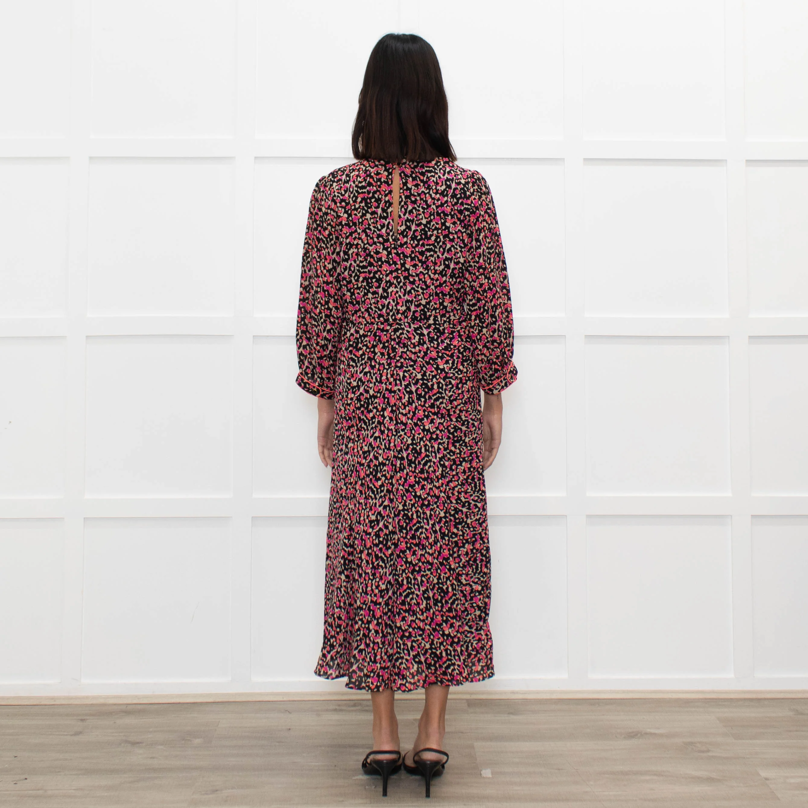 Libelula Black Pink Cream Floral Silk Midi Dress - Image 5