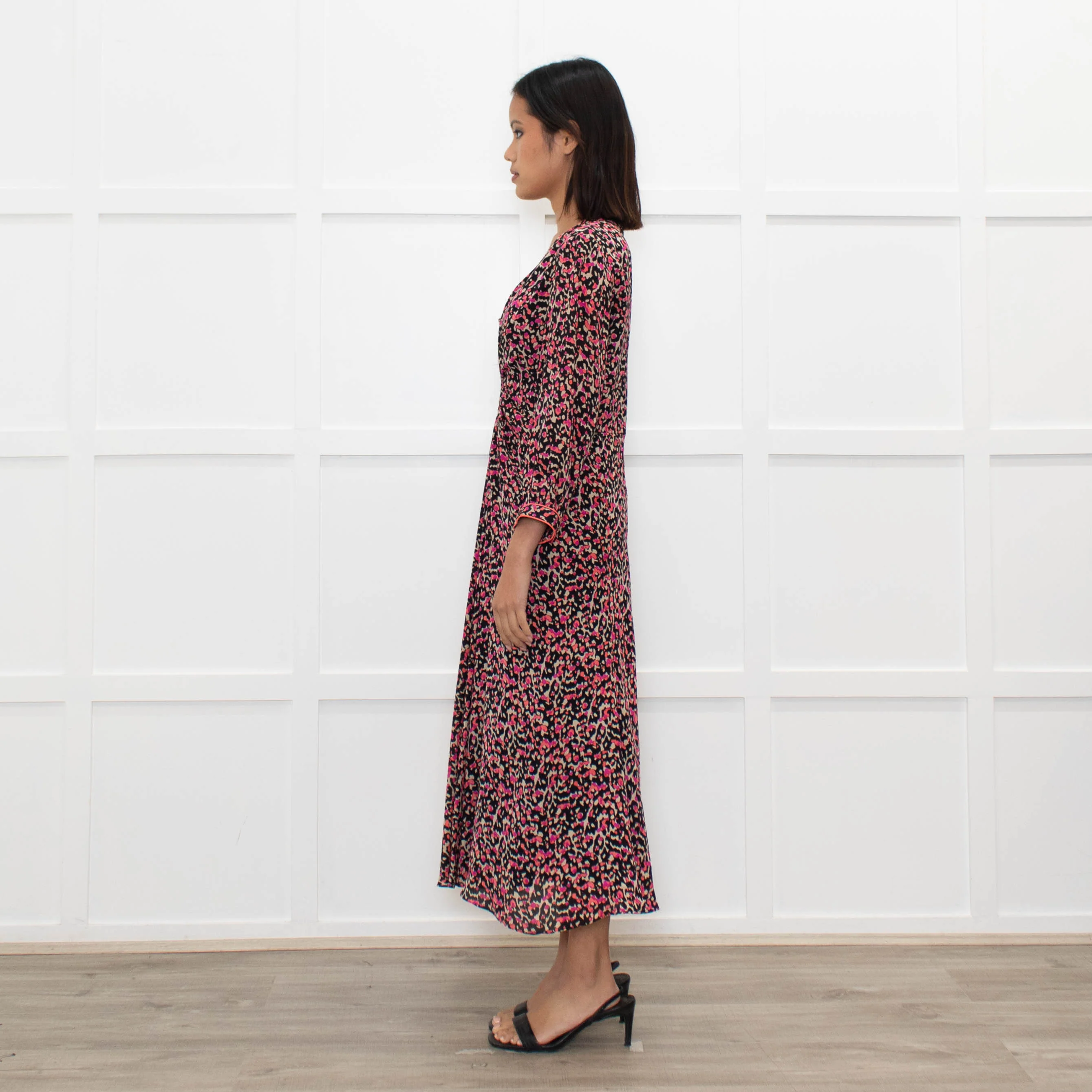 Libelula Black Pink Cream Floral Silk Midi Dress - Image 6