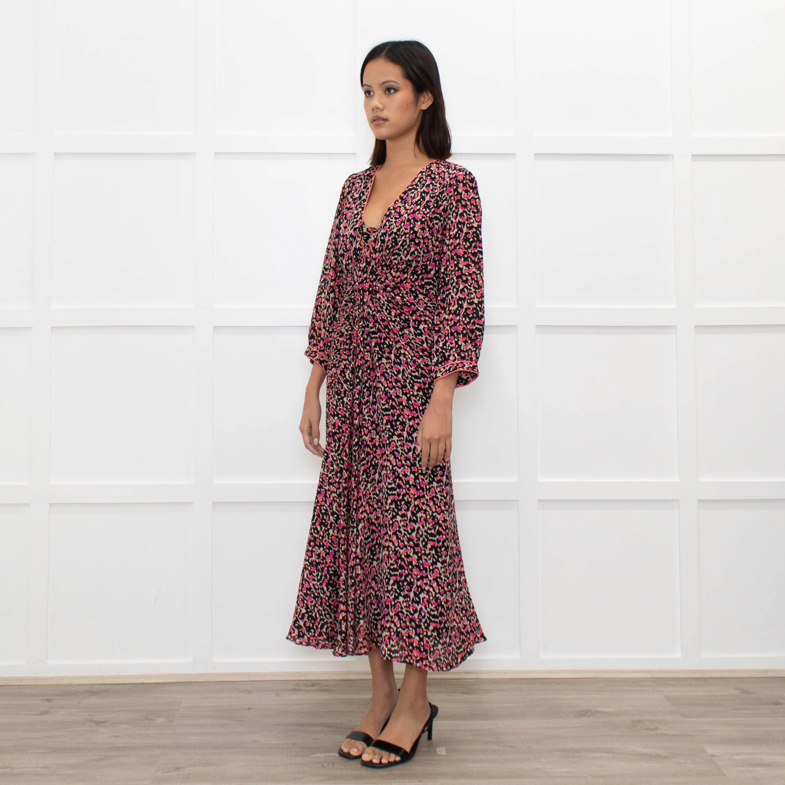Libelula Black Pink Cream Floral Silk Midi Dress - Image 7