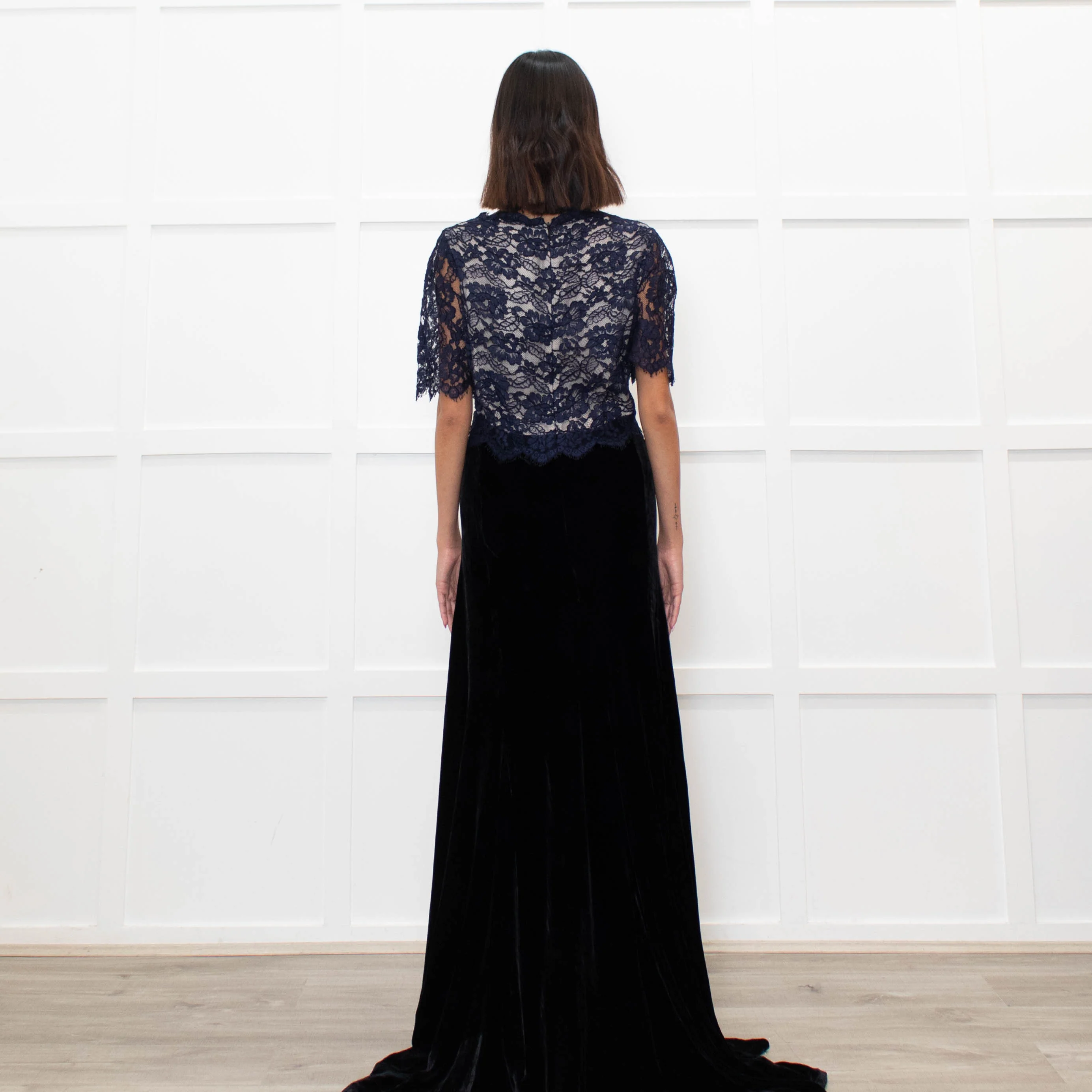 Libelula Black Velvet Navy Lace Top Short Sleeve Evening Dress - Image 5