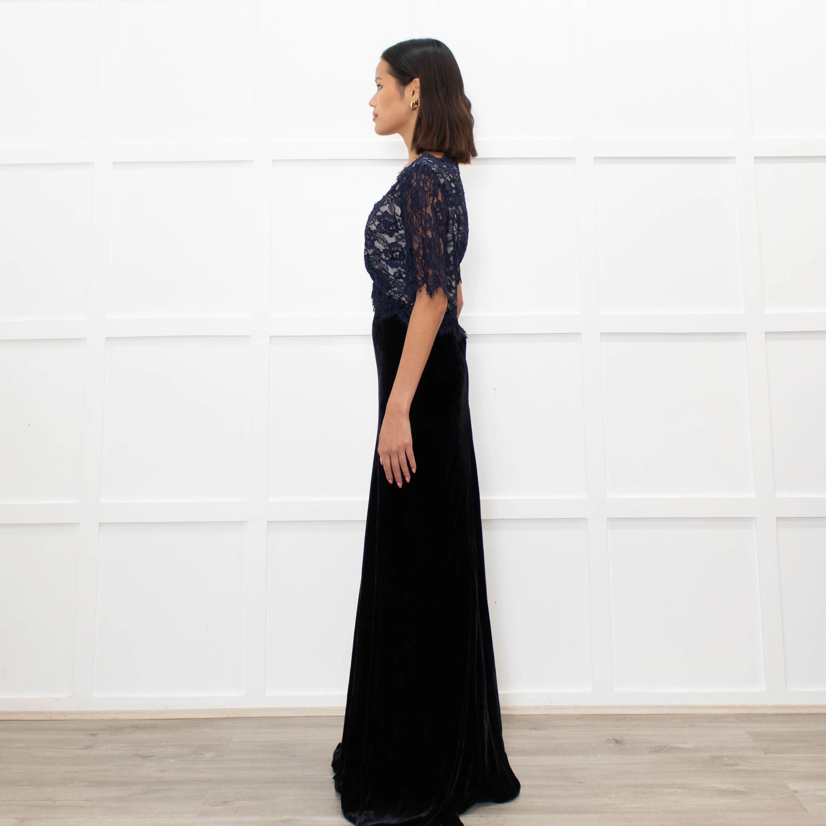 Libelula Black Velvet Navy Lace Top Short Sleeve Evening Dress - Image 6