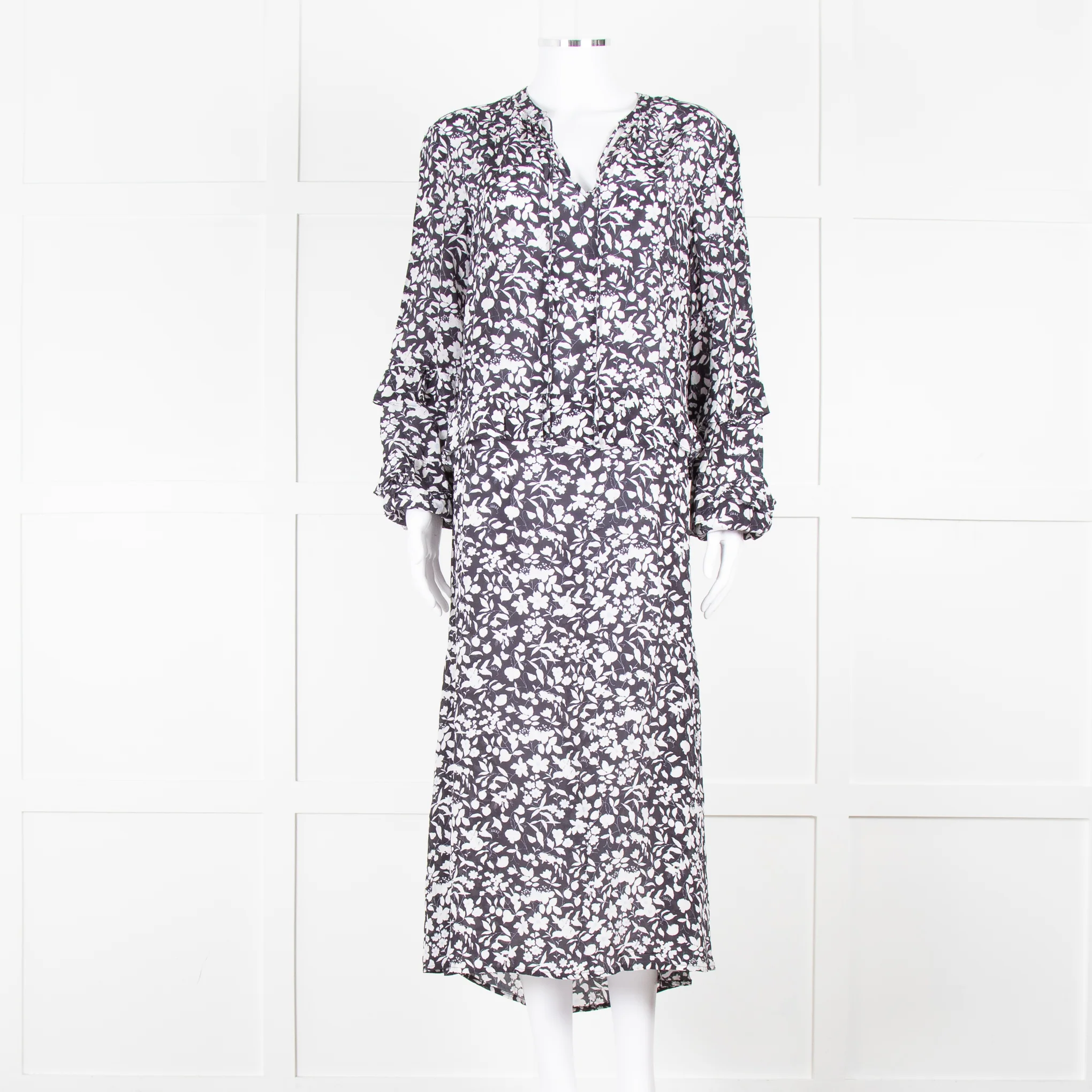 Lily And Lionel Dark Navy Blue White Floral Print Maxi Dress