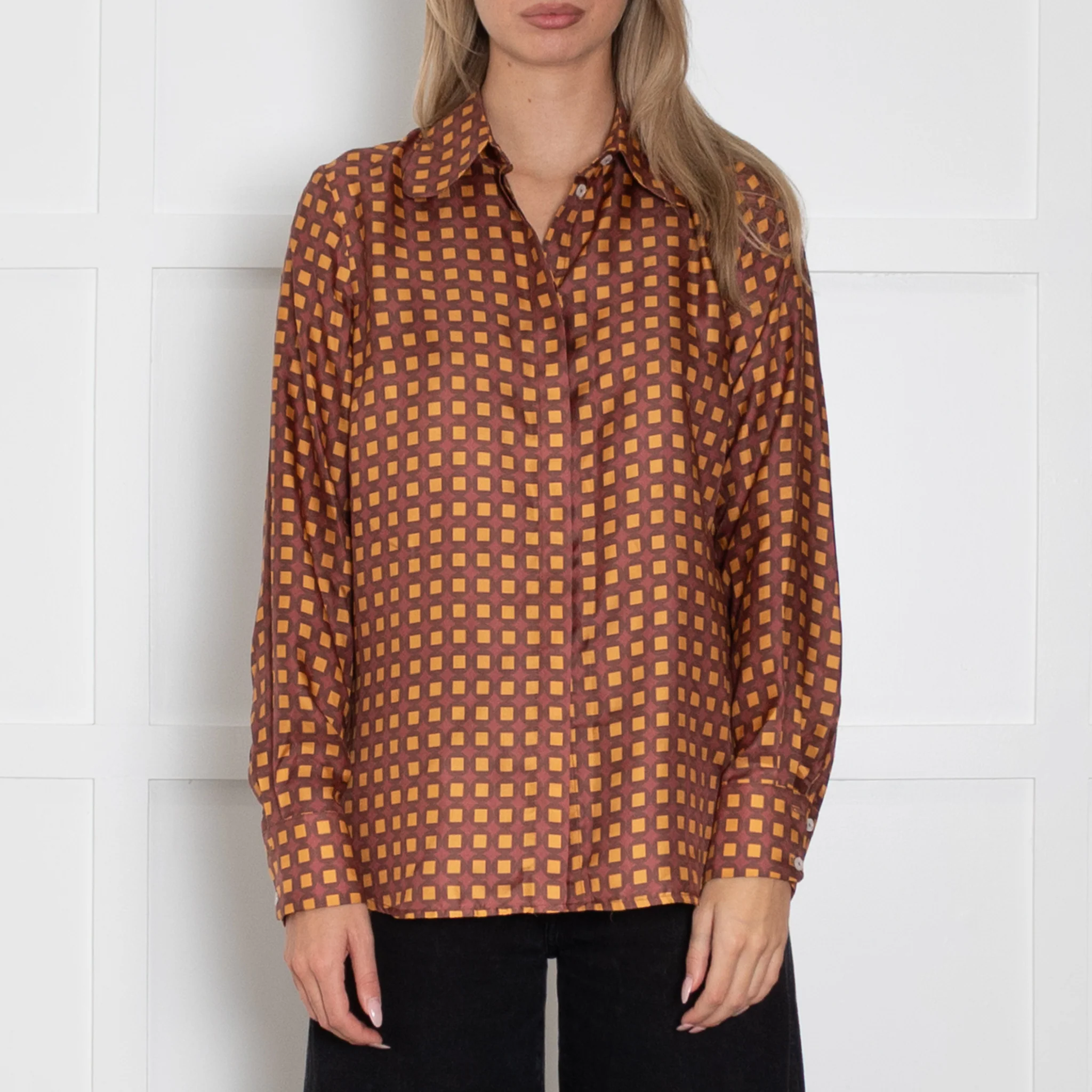 Lisou Burgundy, Yellow Patterned Silk Blouse - Image 2